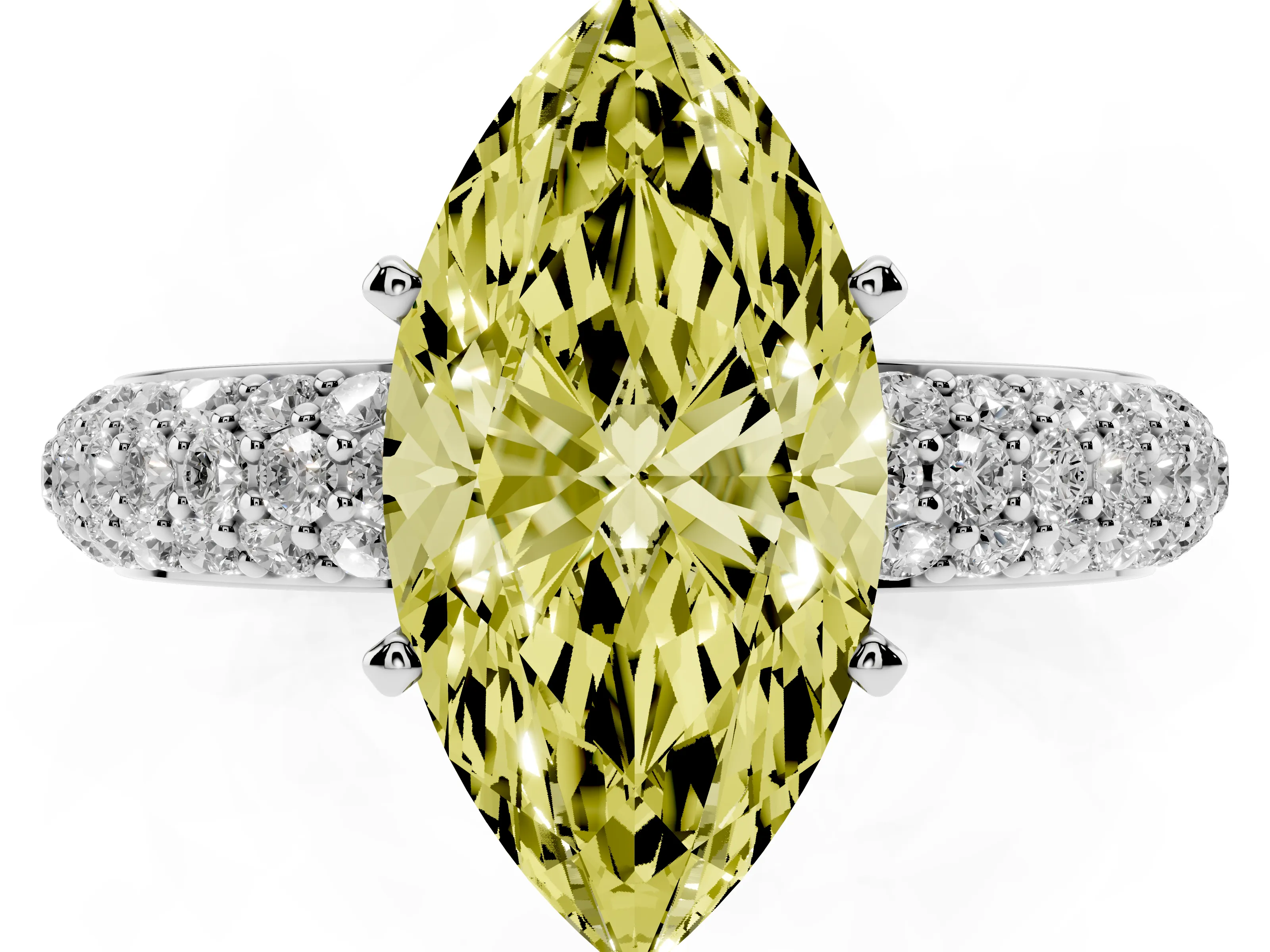 Fancy Yellow Marquise Cut Diamond Solitaire Ring Set in Platinum with Prong Setting and Pavé-Set Band