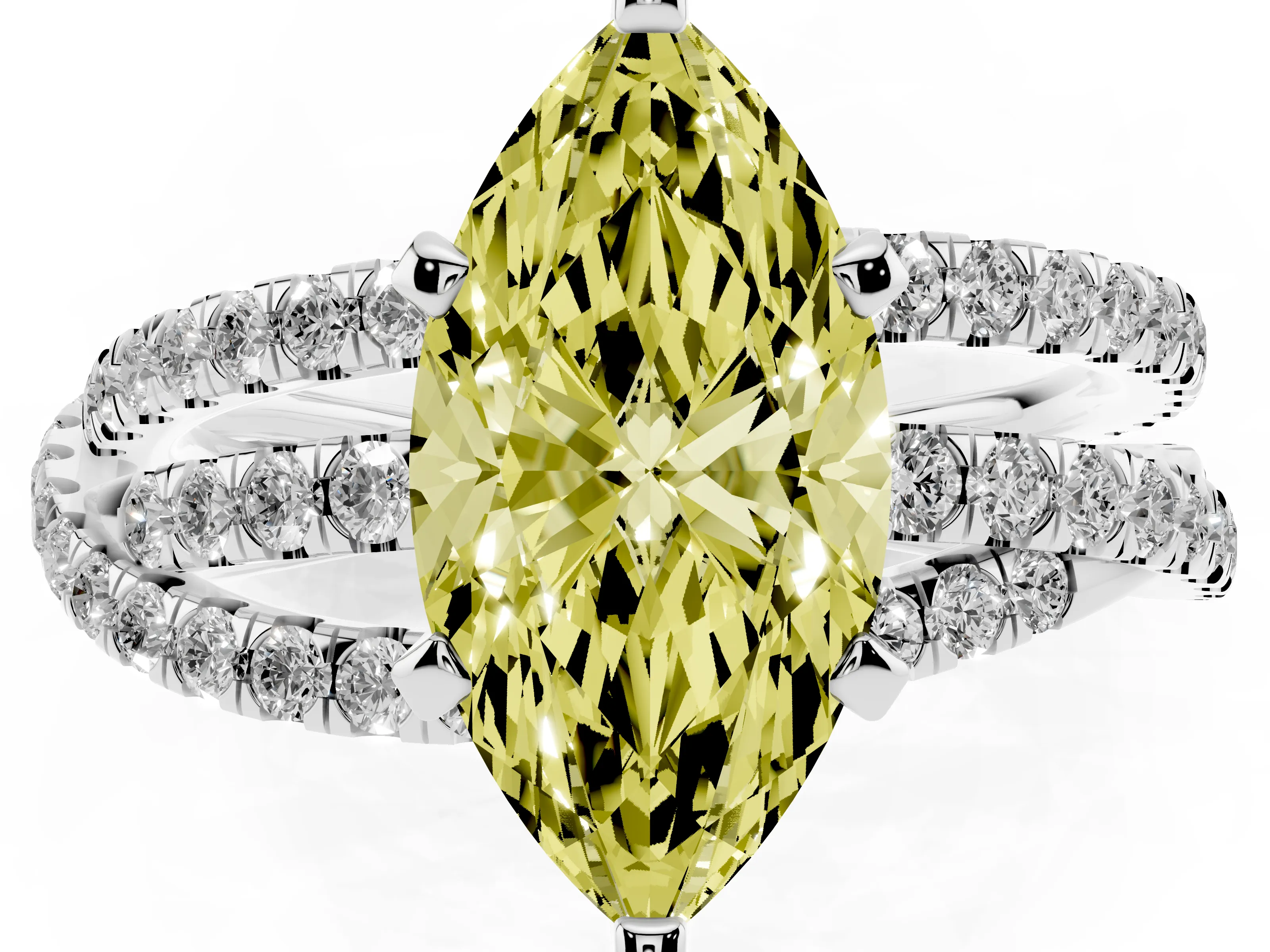 Fancy Yellow Marquise Cut Diamond Solitaire Twist Band Ring Set in White gold with Pavé Setting and Prong Head