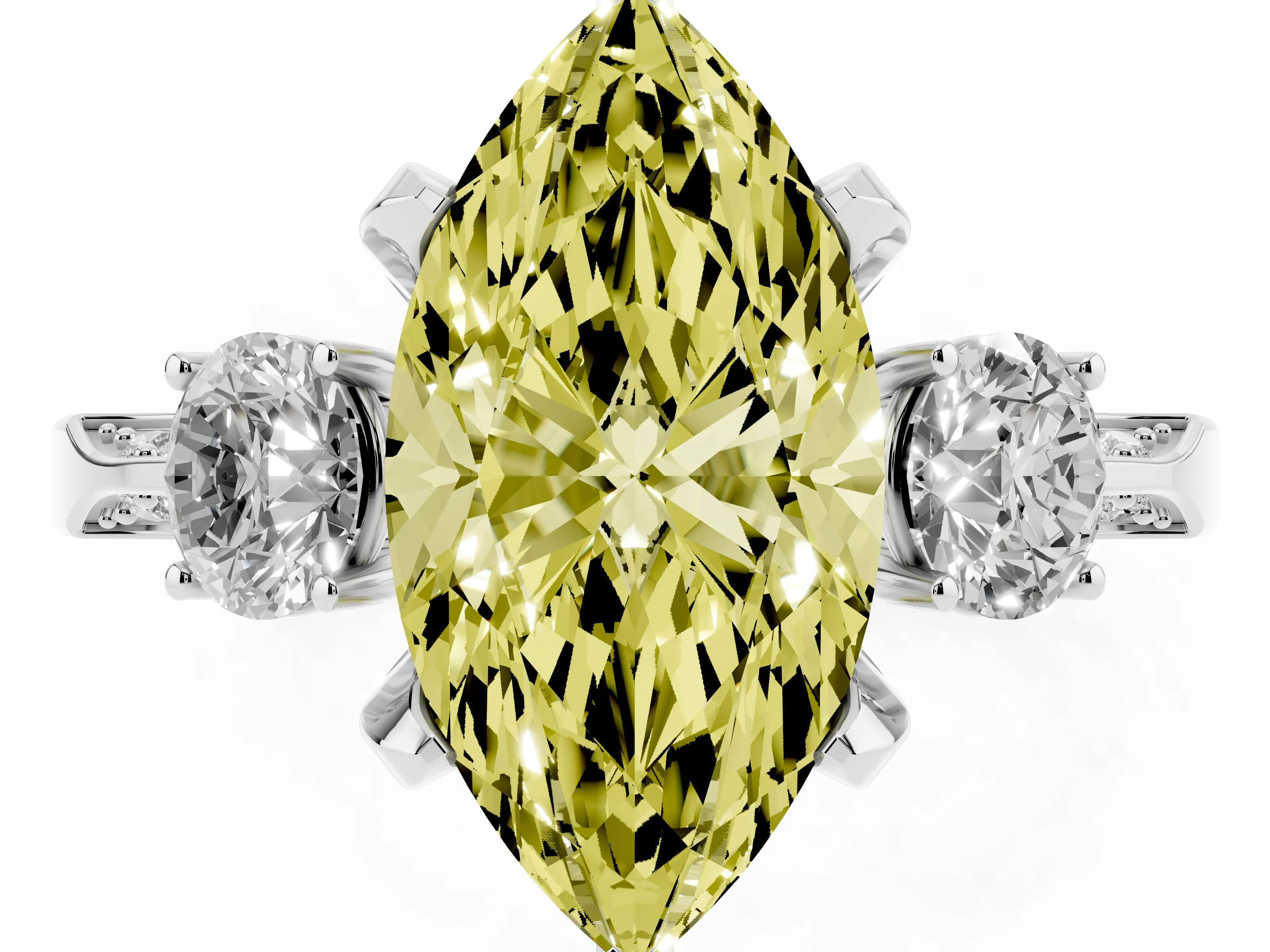 Fancy Yellow Marquise Cut Diamond Three-Stone Ring Set in Platinum with Pavé Band and Smaller Side Stones
