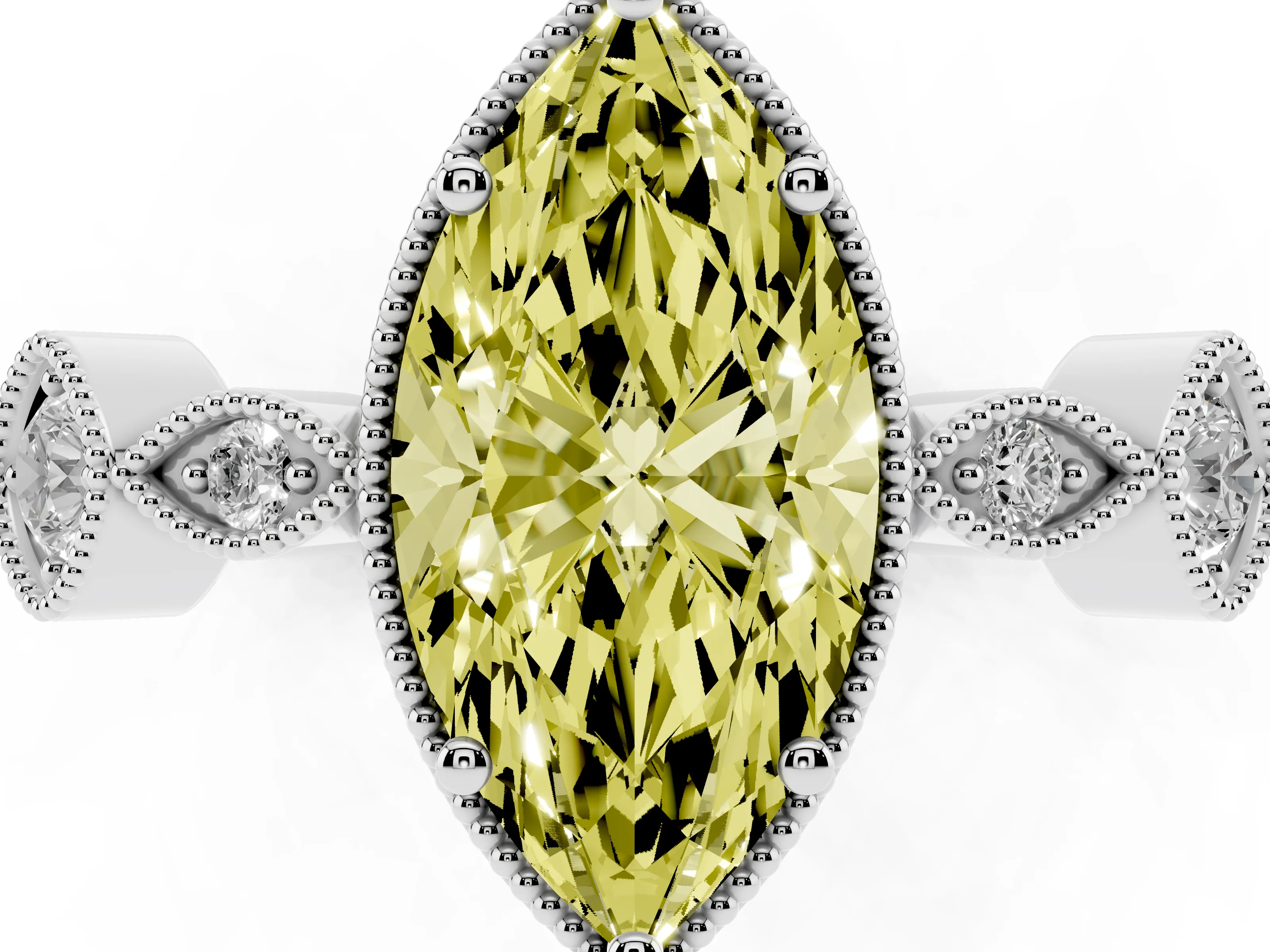 Fancy Yellow Marquise Cut Diamond Vintage-Inspired Milgrain Ring Set in Silver with Marquise Stations of Round Accents
