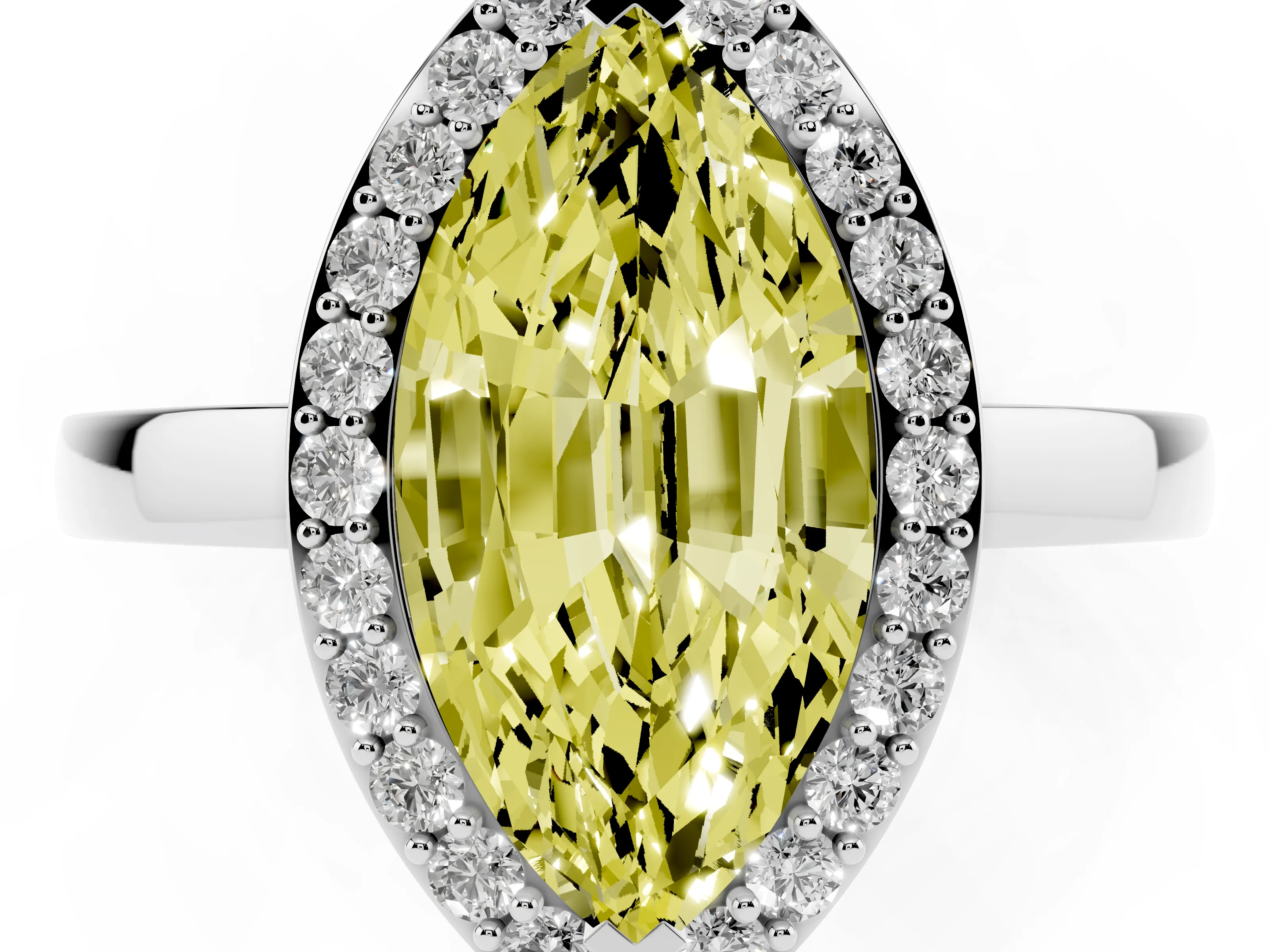 Fancy Yellow Marquise Cut Diamond Halo Ring Set in White gold with Solitaire Band and Prong Setting