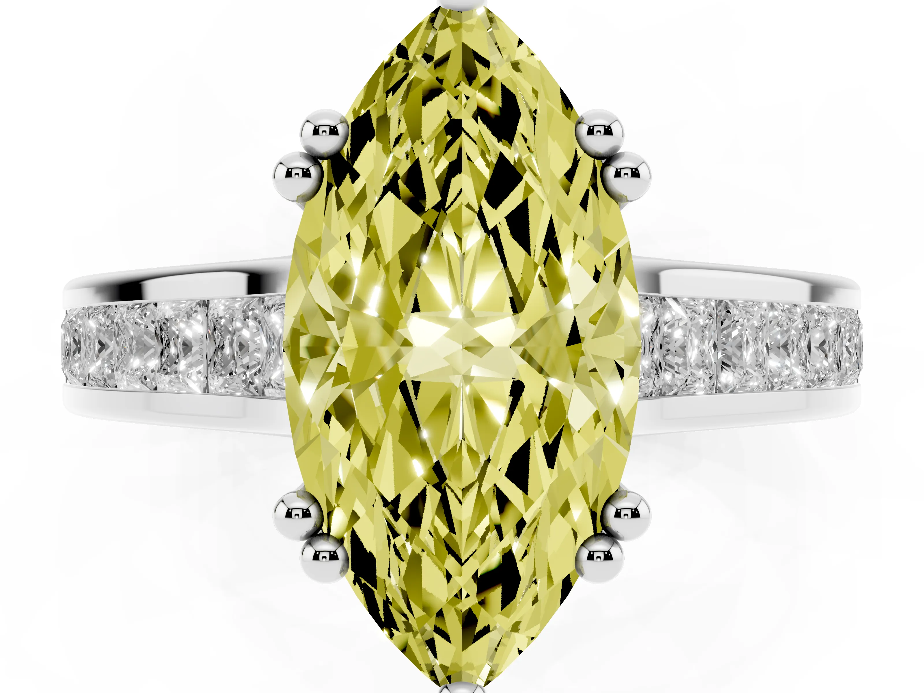 Fancy Yellow Marquise Cut Diamond Channel Set Solitaire Engagement Ring Set in Silver with Prong Setting