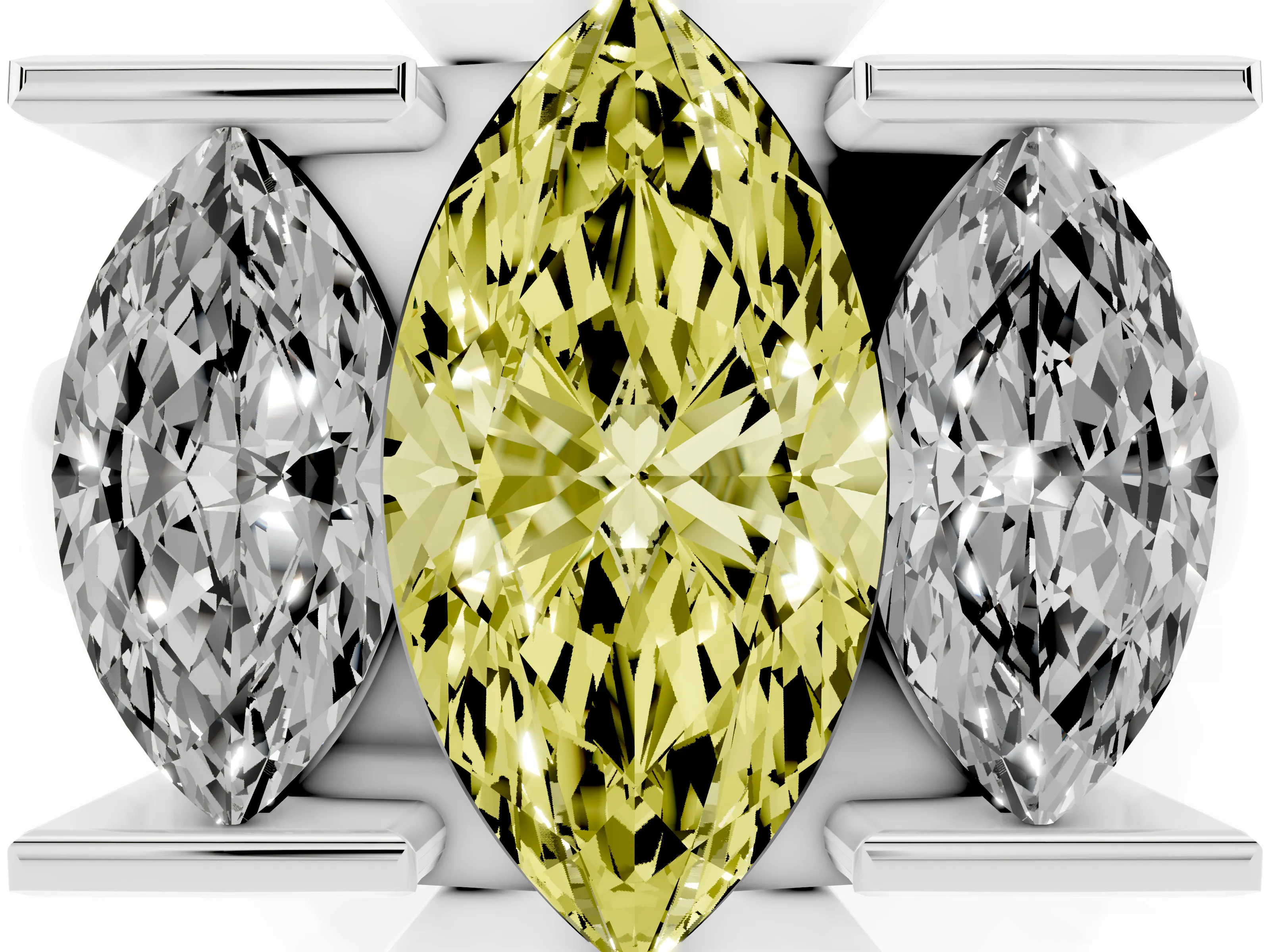Fancy Yellow Marquise Cut Diamond Three-Stone Channel Set Ring Set in Silver with Smooth Polished Band