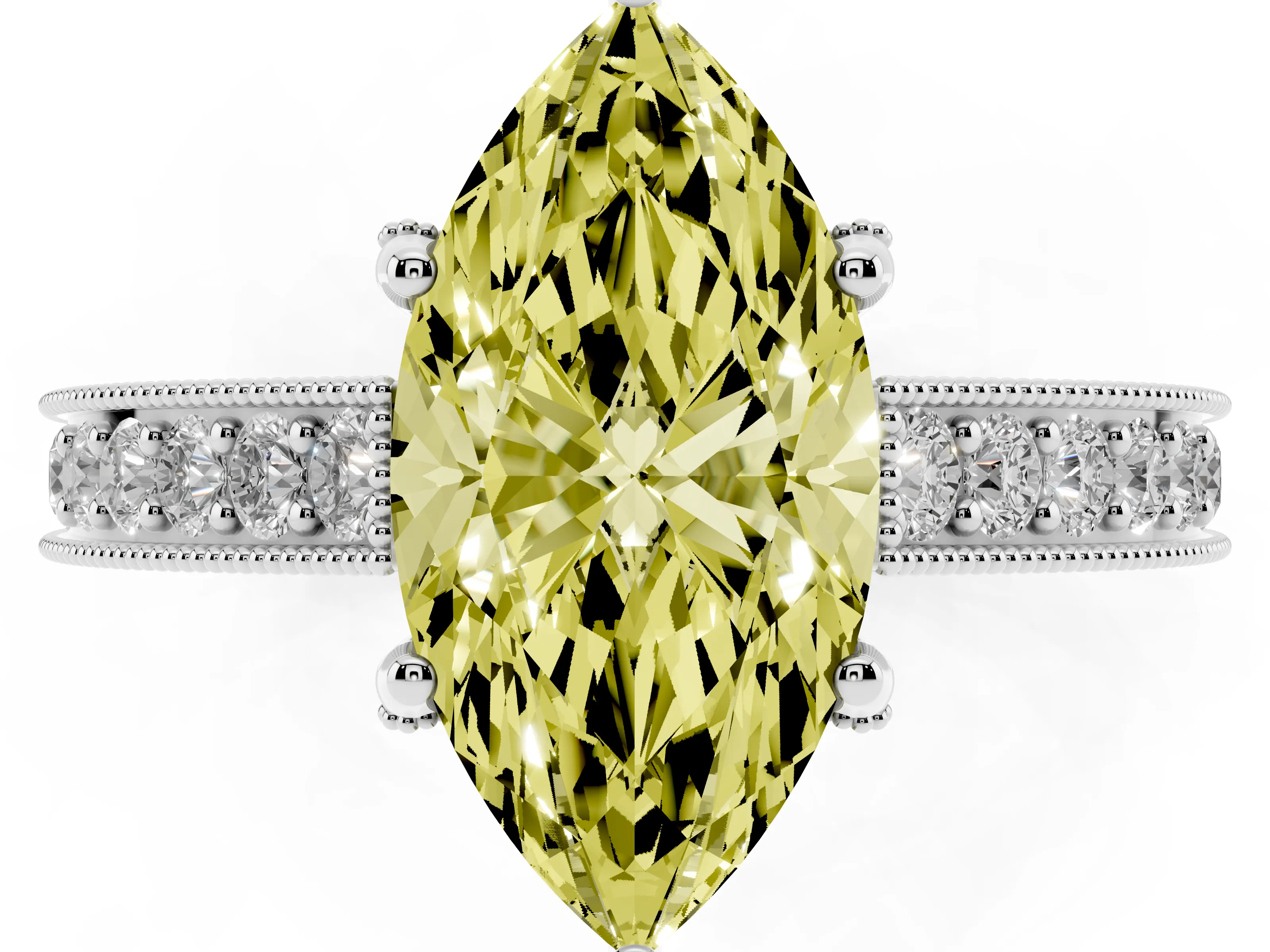 Fancy Yellow Marquise Cut Diamond Solitaire Ring Set in White gold with Milgrain-Edged Pavé Band and Prong Setting