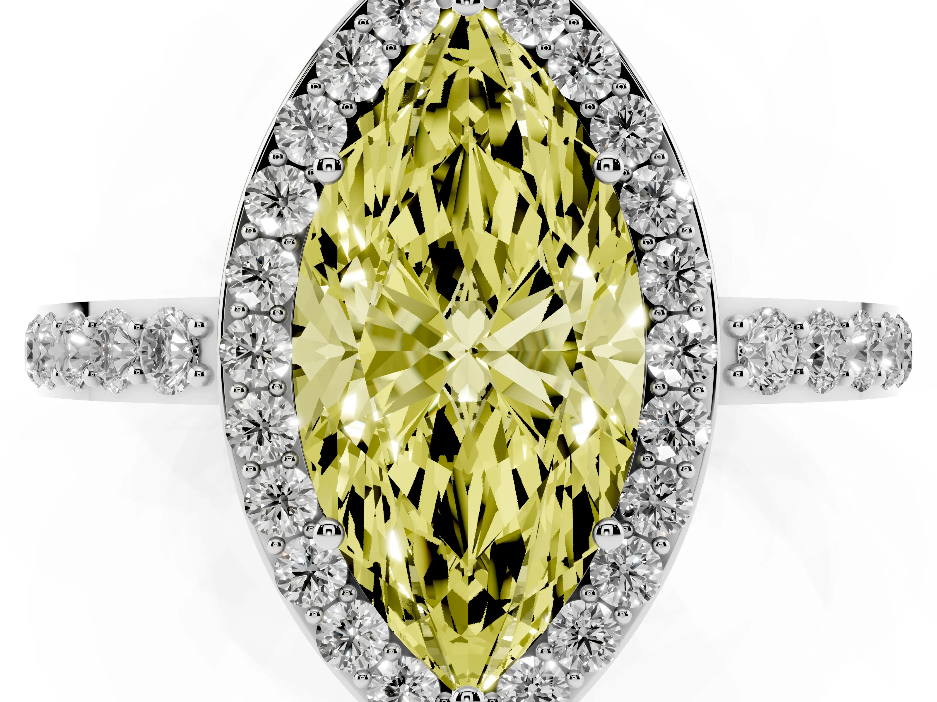 Fancy Yellow Marquise Cut Diamond Halo Ring Set in White gold with Pavé-Setting Band and Open Prong Center