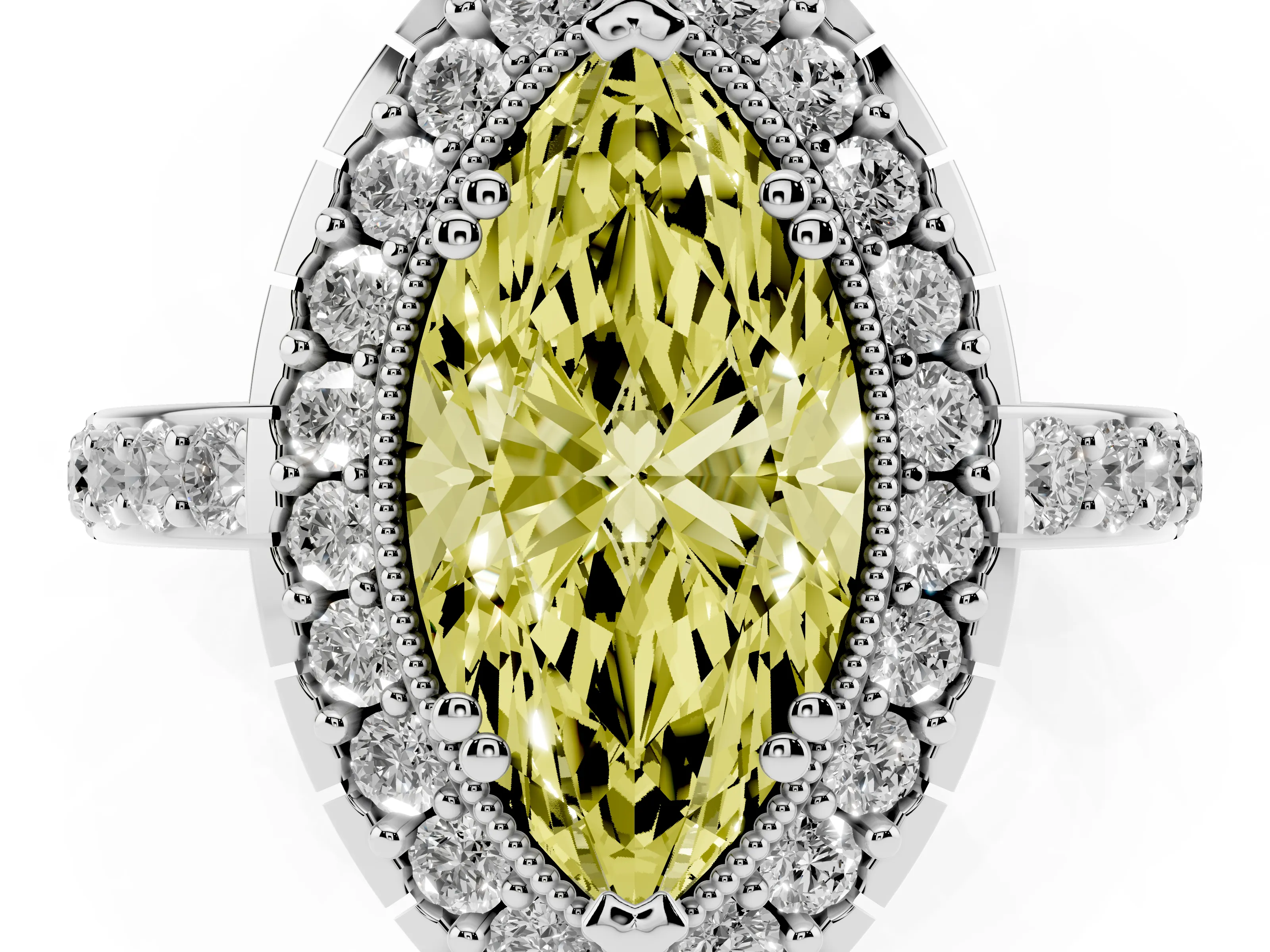 Fancy Yellow Marquise Cut Diamond Halo Ring Set in White gold with Pavé Shank and Prong Setting