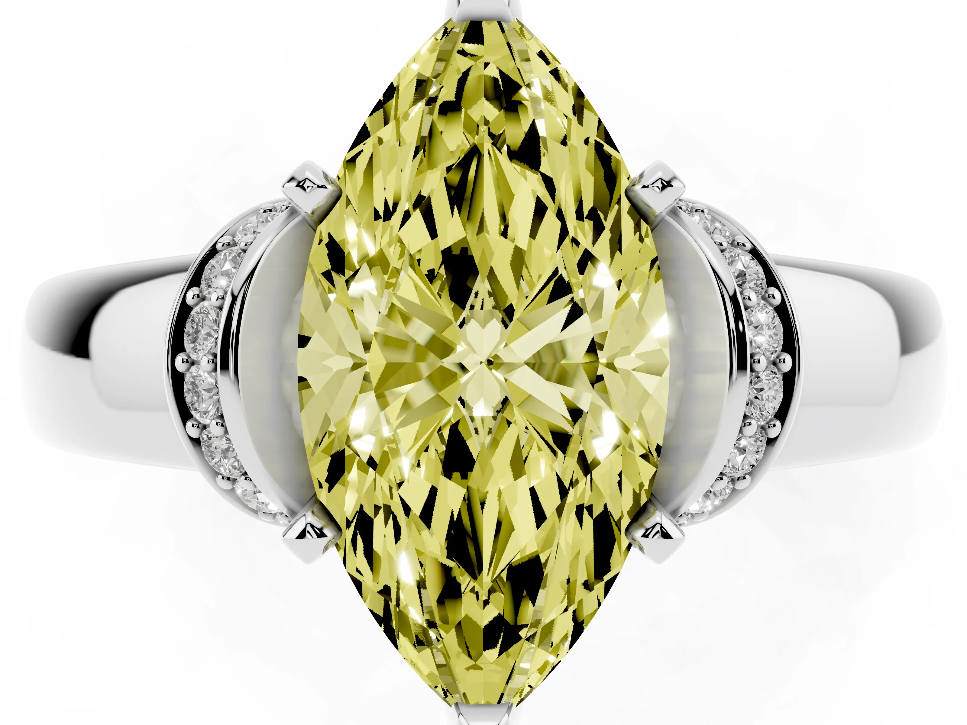 Fancy Yellow Marquise Cut Diamond Pavé Band Solitaire Ring Set in Platinum with Prong Setting