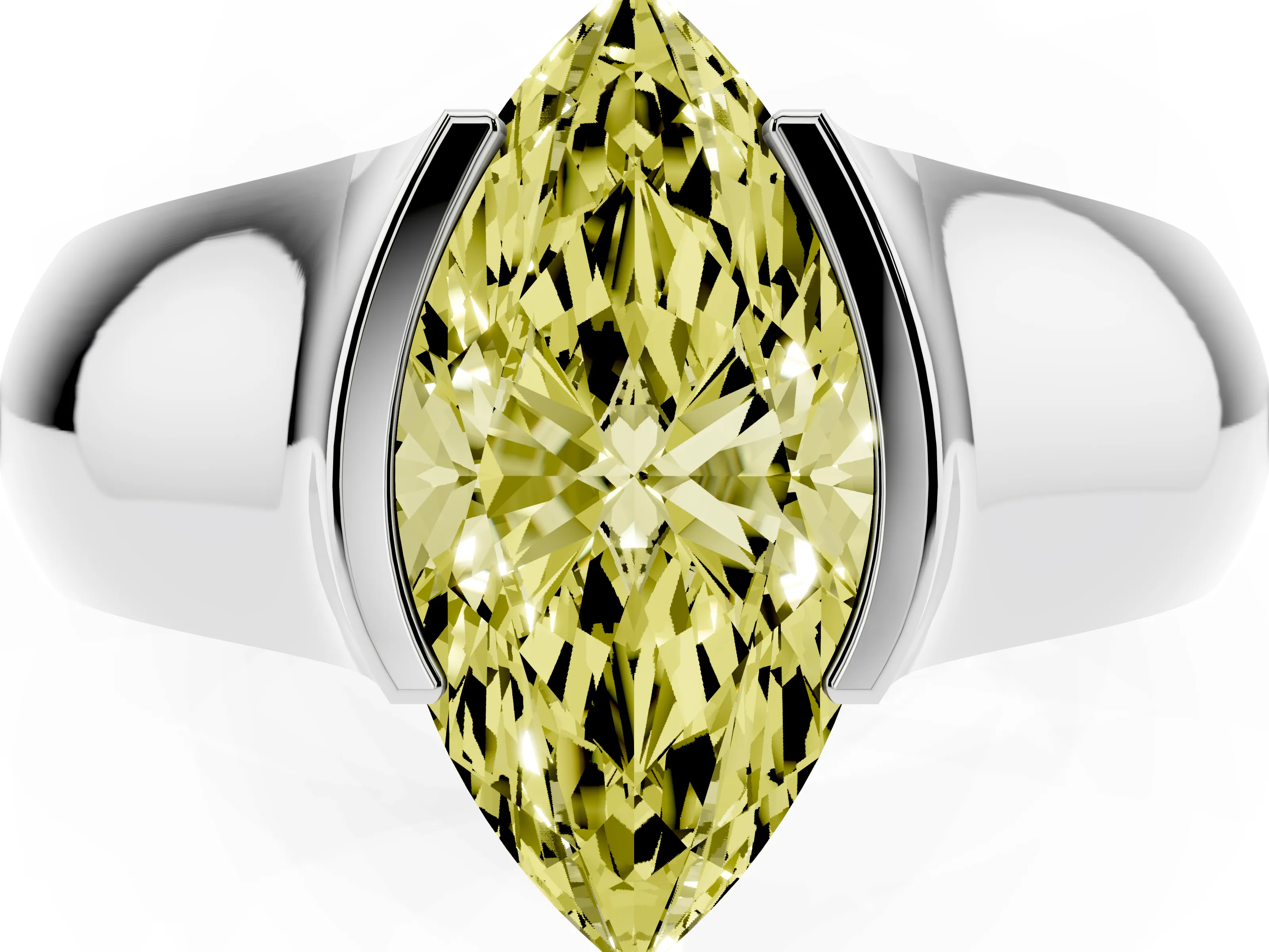 Fancy Yellow Marquise Cut Diamond Bezel Solitaire Ring Set in White gold with Wide Band