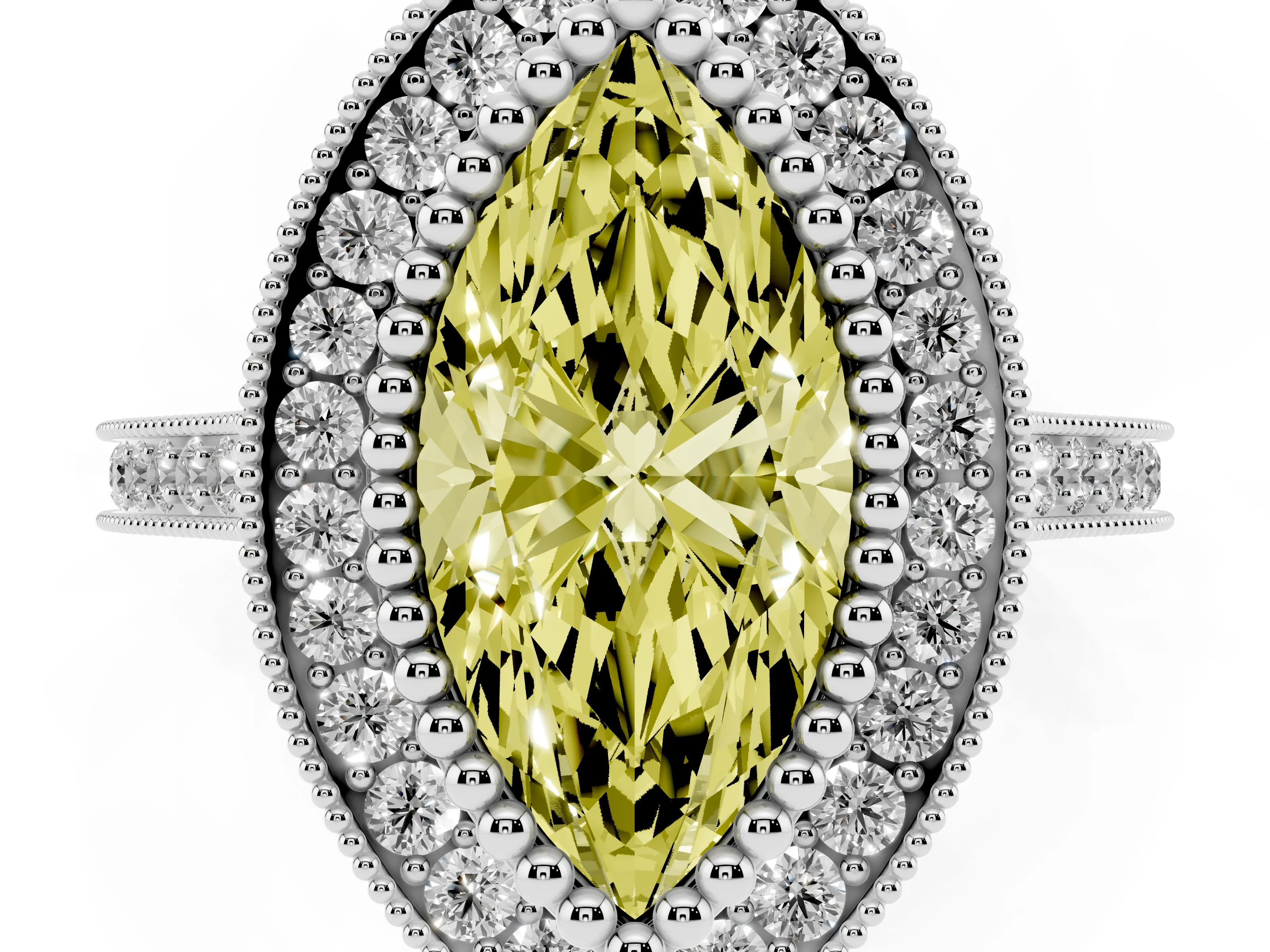 Fancy Yellow Marquise Cut Diamond Halo Ring Set in Silver with Milgrain Frame and Pavé Band