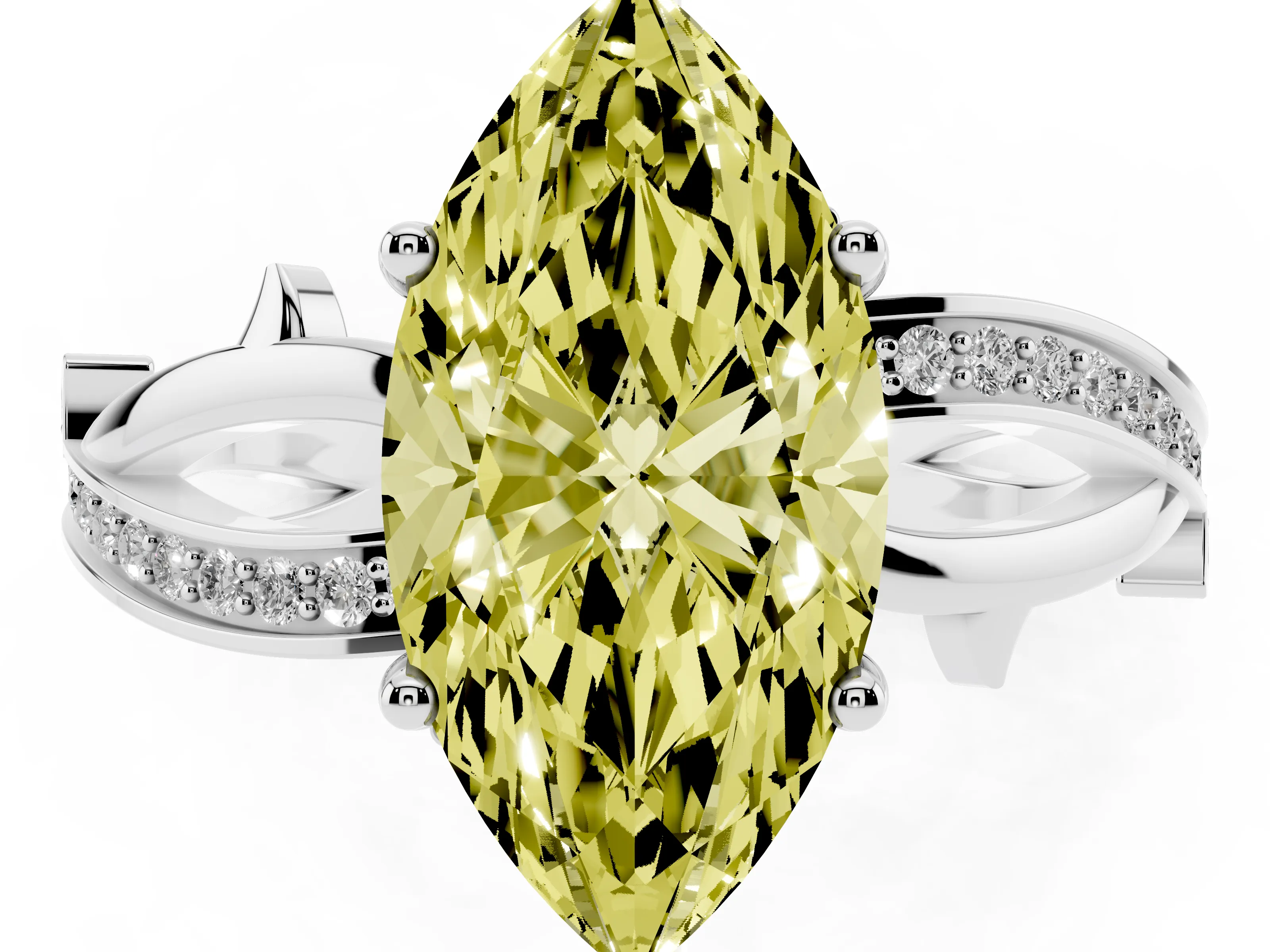 Fancy Yellow Marquise Cut Diamond Pavé Twist Band Solitaire Ring Set in Platinum with Prong Setting