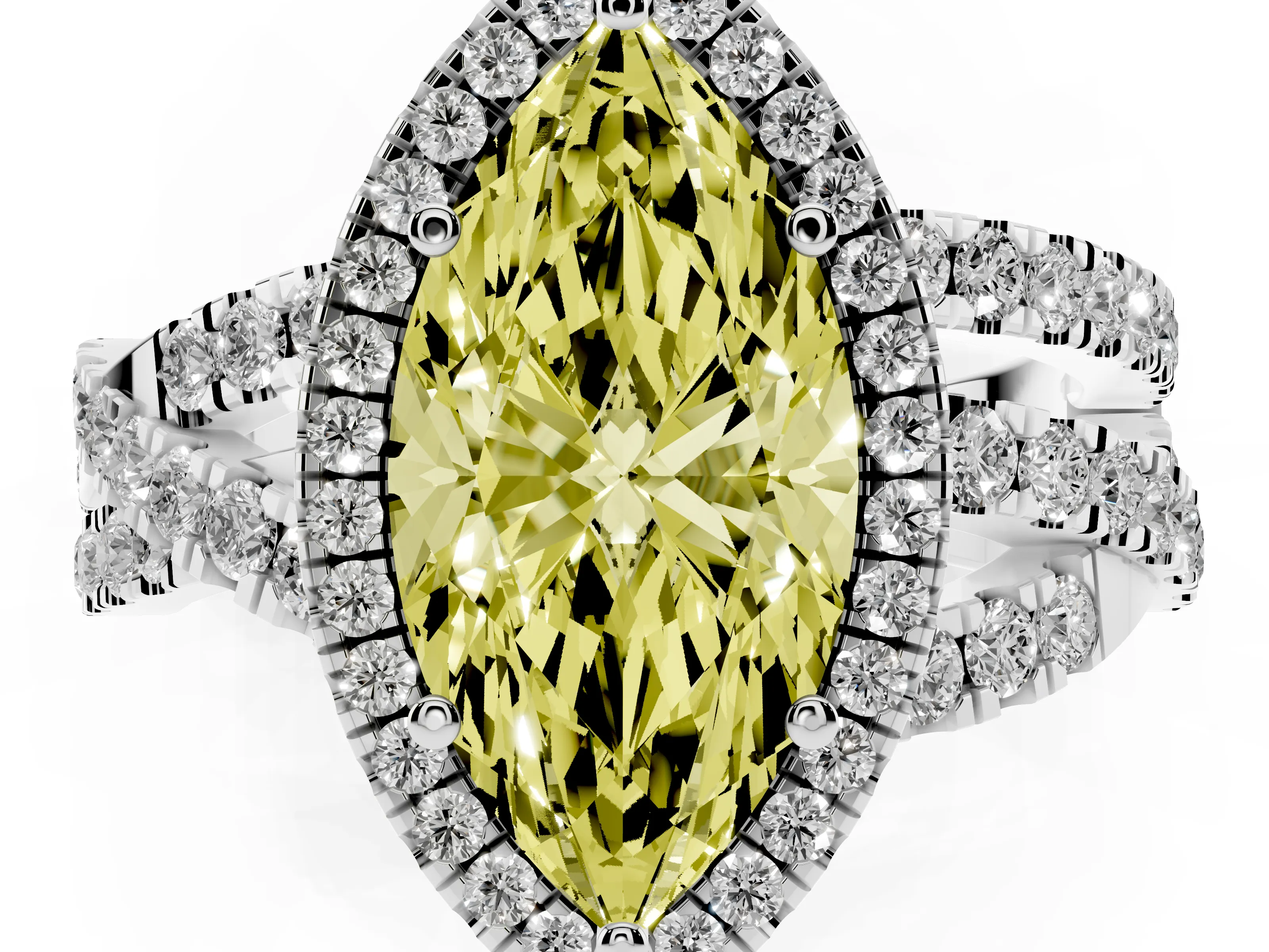 Fancy Yellow Marquise Cut Diamond Halo Ring Set in Platinum with Round Crossover Split Shank and Prong Setting