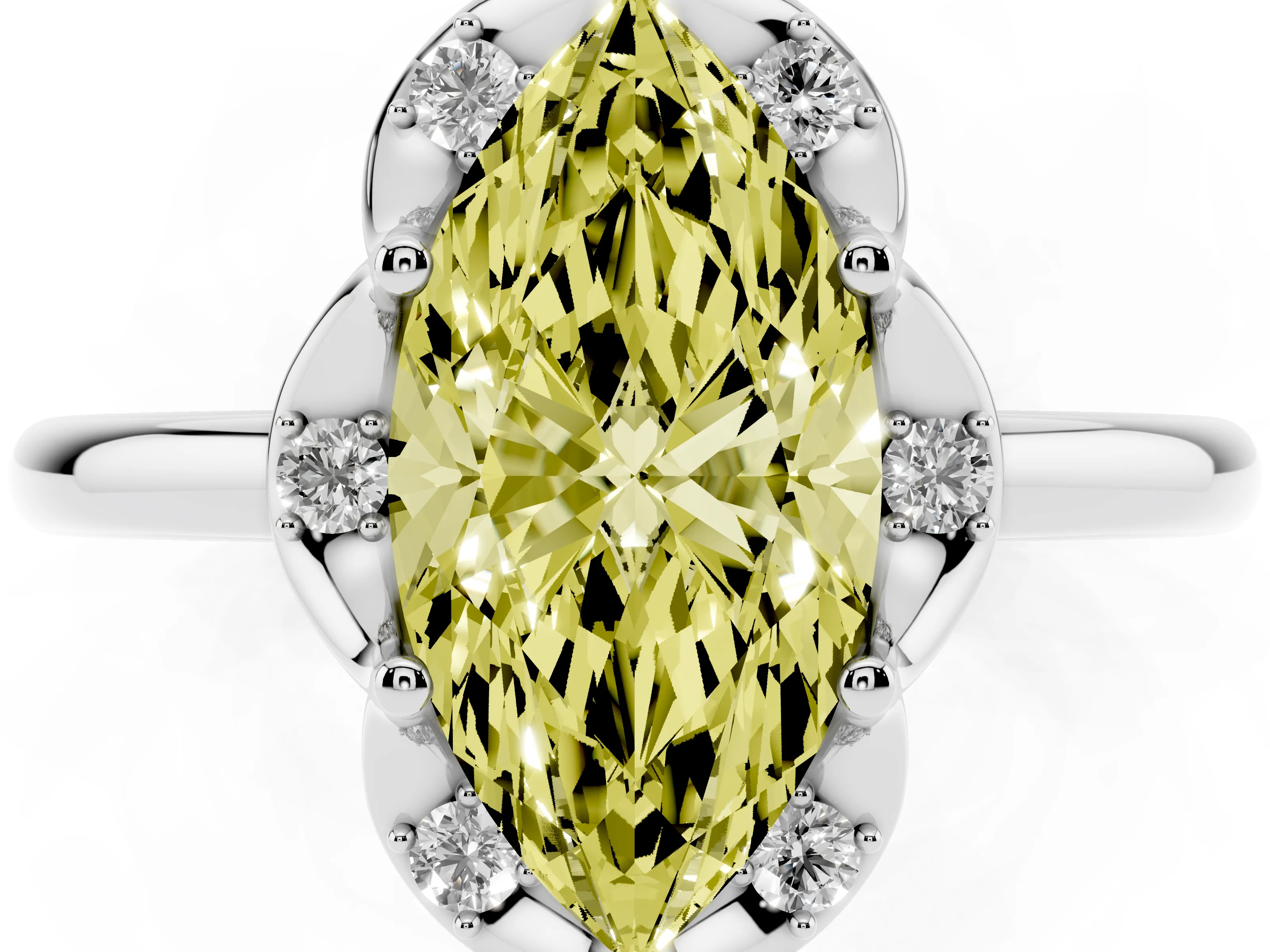 Fancy Yellow Marquise Cut Diamond Round Cluster Halo Ring Set in White gold with Solitaire Band and Prong Setting
