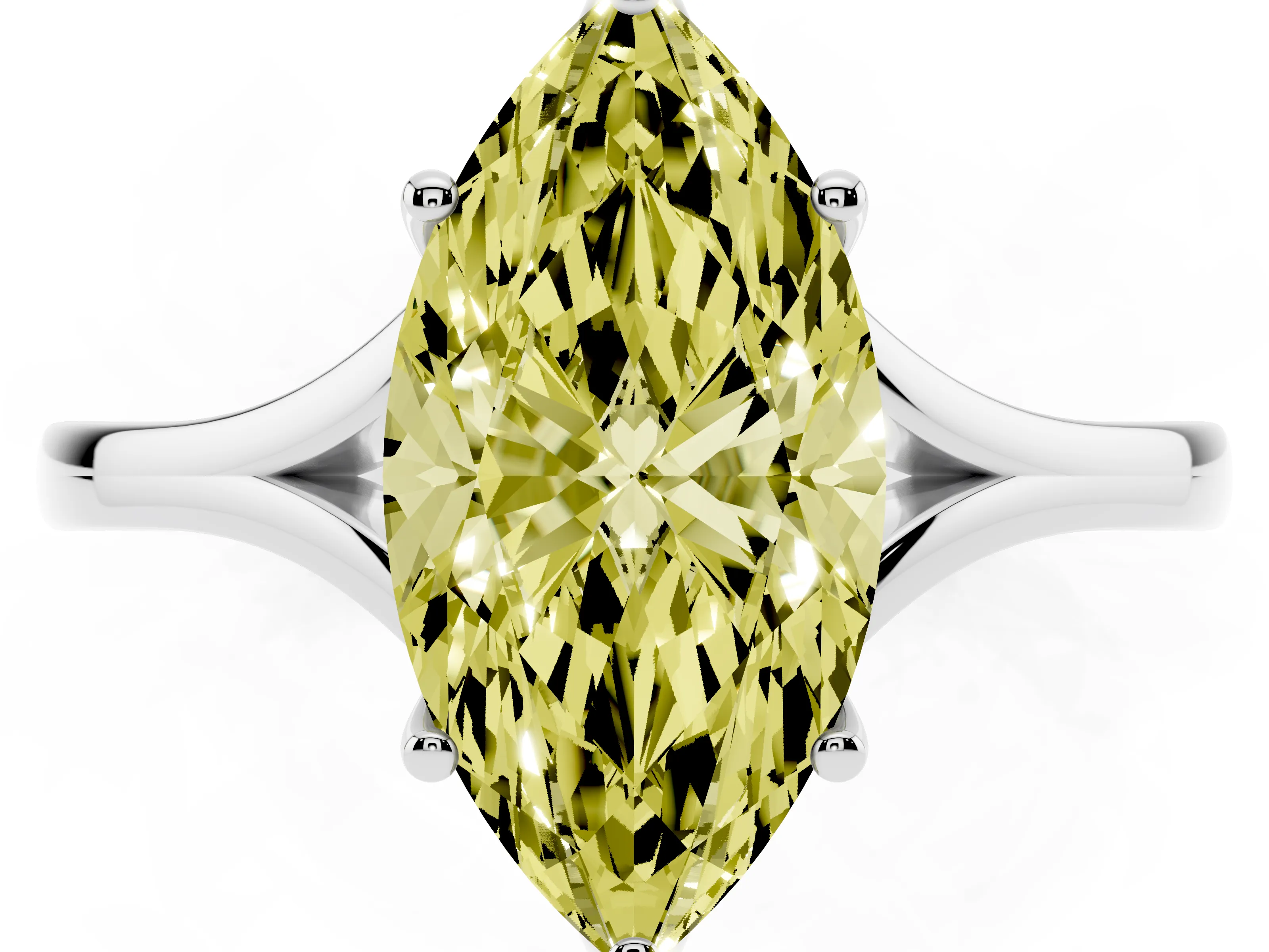 Fancy Yellow Marquise Cut Diamond Solitaire Ring Set in White gold with Polished Tapered Band and Prong Setting