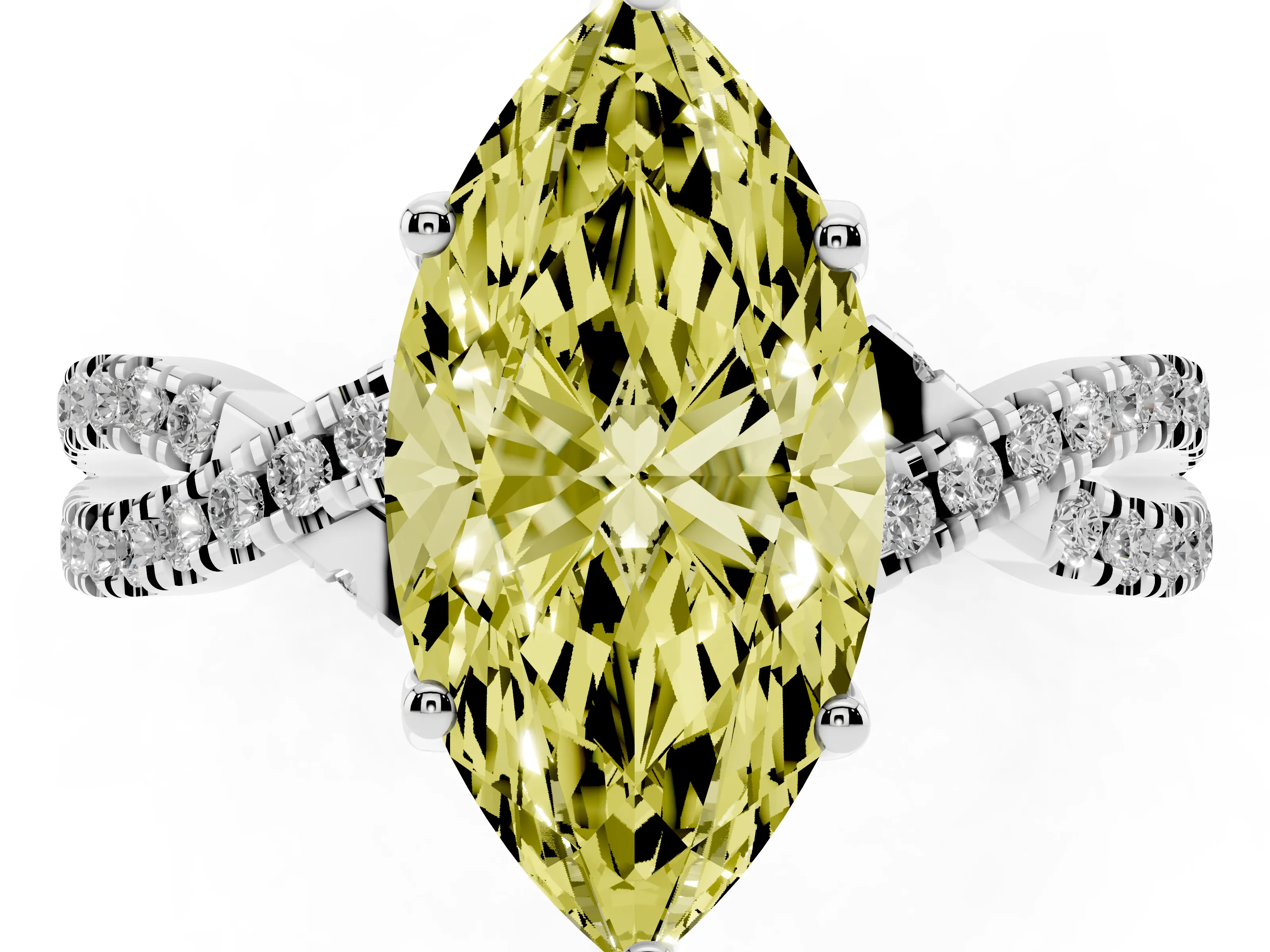 Fancy Yellow Marquise Cut Diamond Twist Pavé Solitaire Engagement Ring Set in White gold with Prong Setting