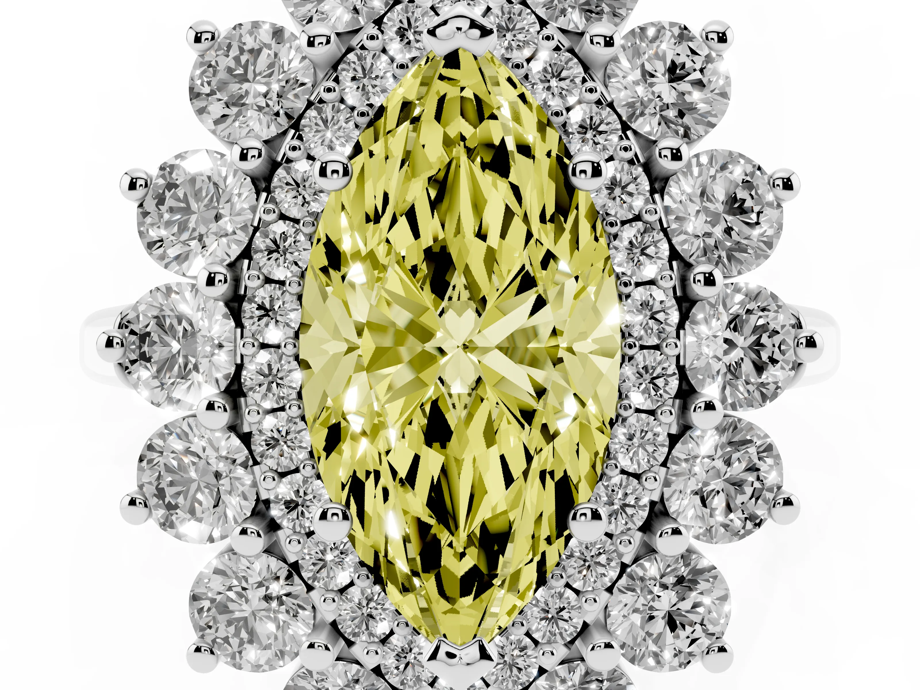 Fancy Yellow Marquise Cut Diamond Floral Double Halo Ring Set in Silver with Round Petals