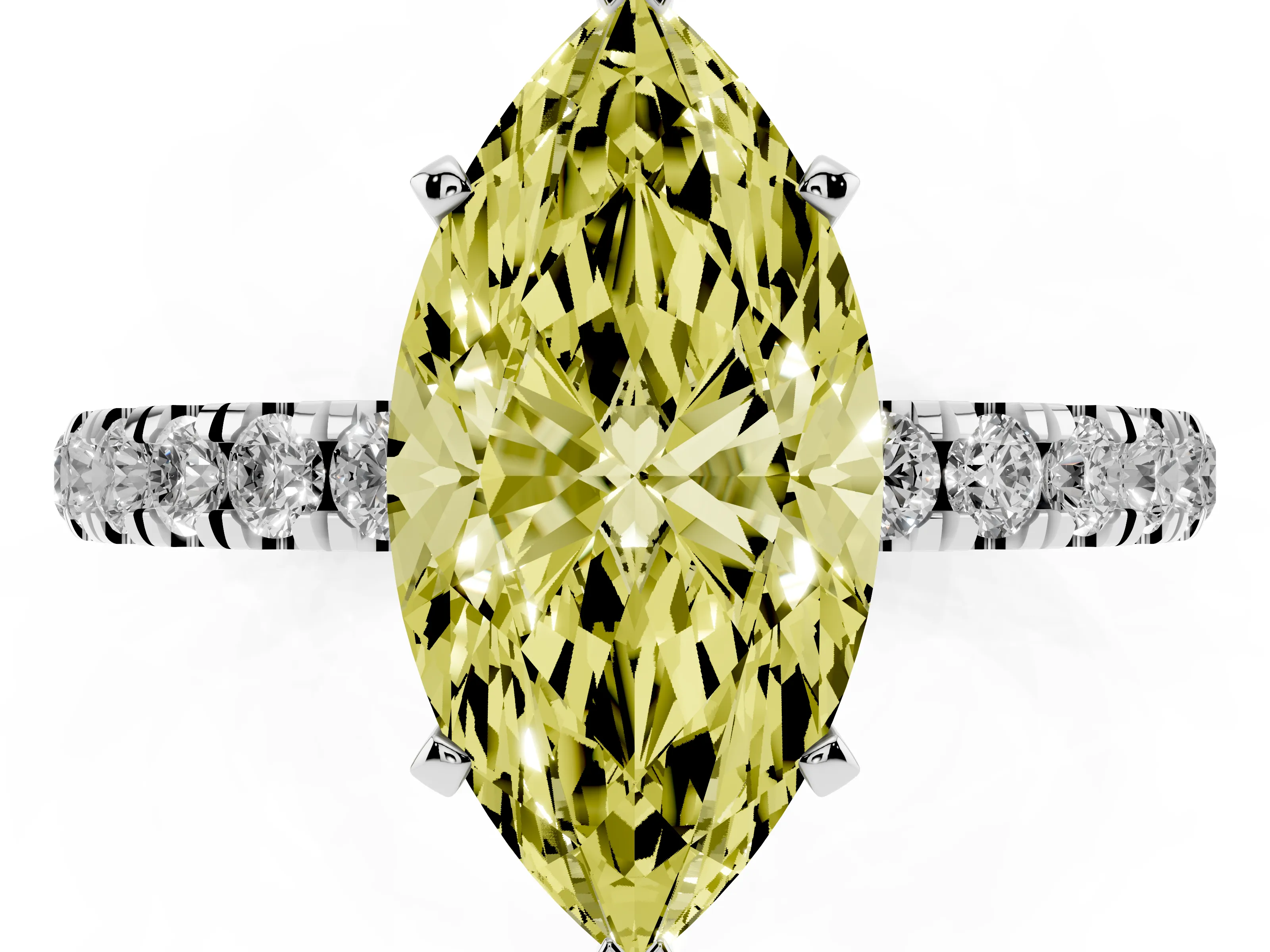 Fancy Yellow Marquise Cut Diamond Solitaire Ring Set in Platinum with Pavé Accents and Prong Setting