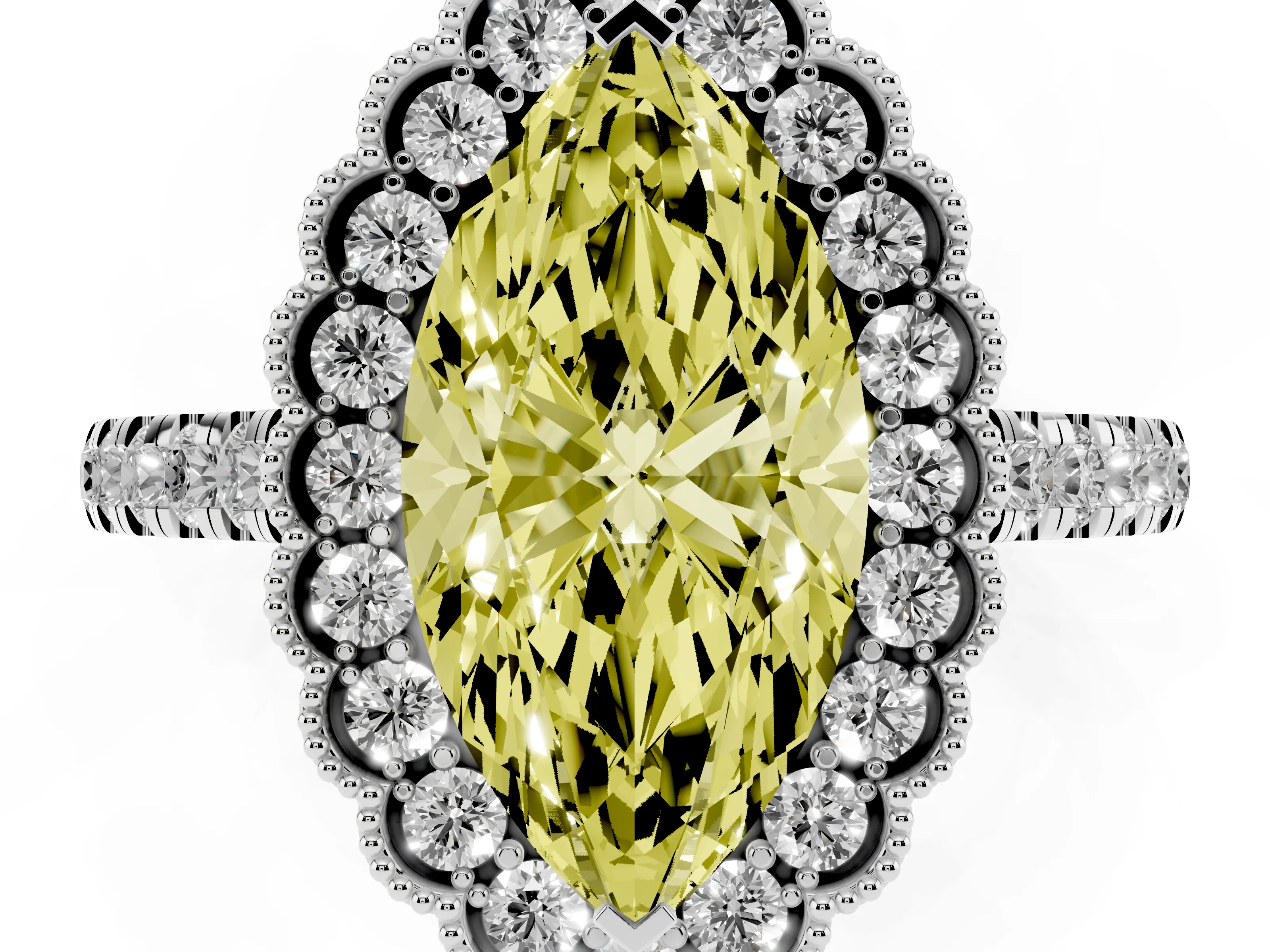 Fancy Yellow Marquise Cut Diamond Milgrain Floral Halo Engagement Ring Set in White gold with Pavé Band