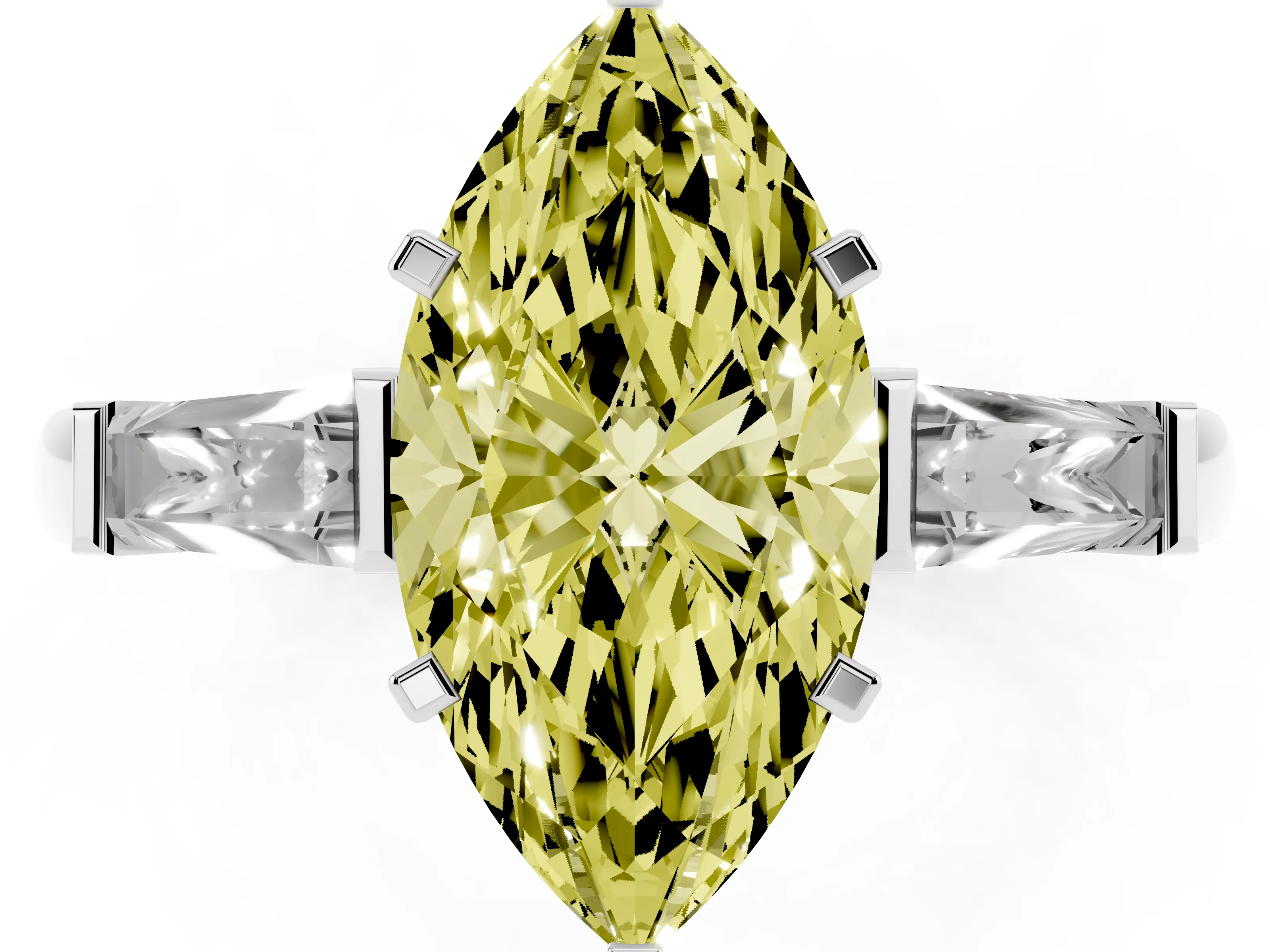 Fancy Yellow Marquise Cut Diamond Solitaire Ring Set in Platinum with Tapered Baguette Side Stones and Prong Setting