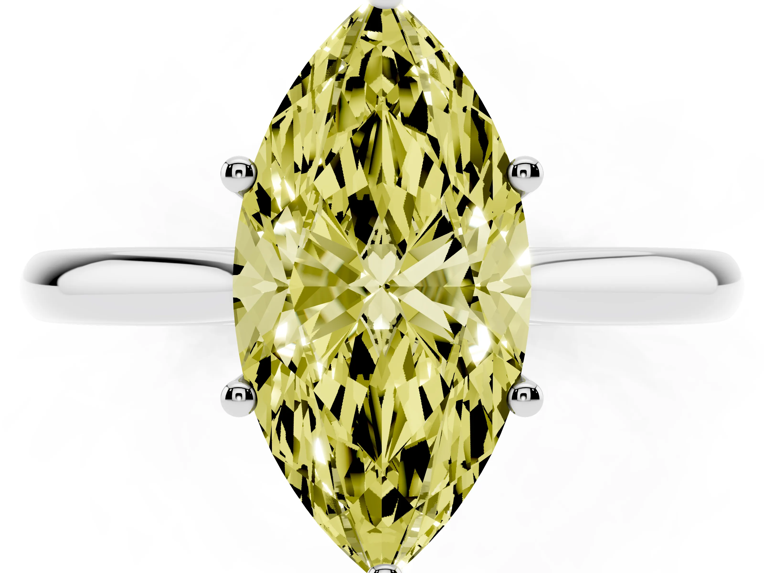 Fancy Yellow Marquise Cut Diamond Solitaire Ring Set in Platinum with Cathedral Band and Prong Setting