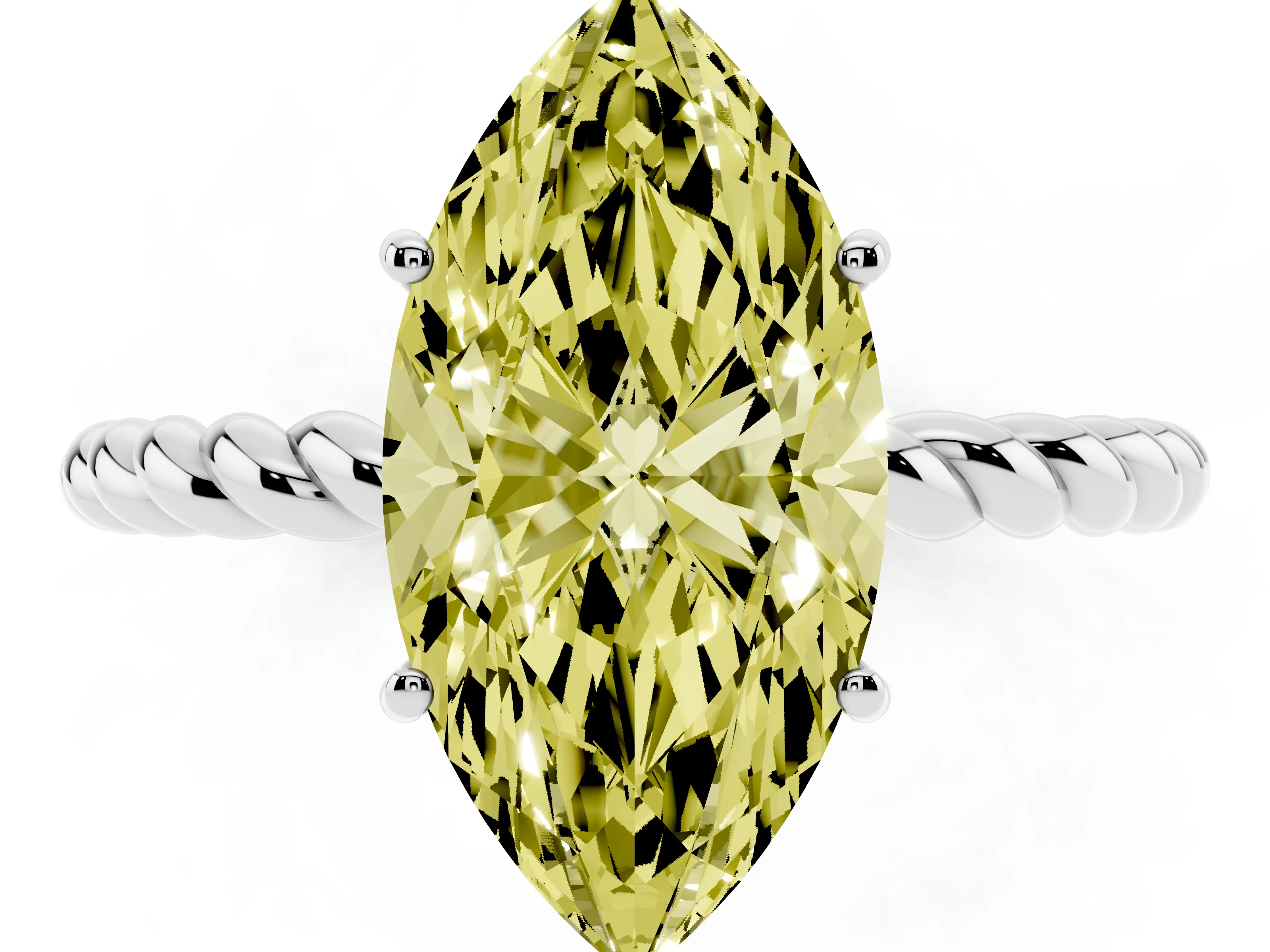 Fancy Yellow Marquise Cut Diamond Solitaire Ring Set in Silver with Twist Band and Prong Setting