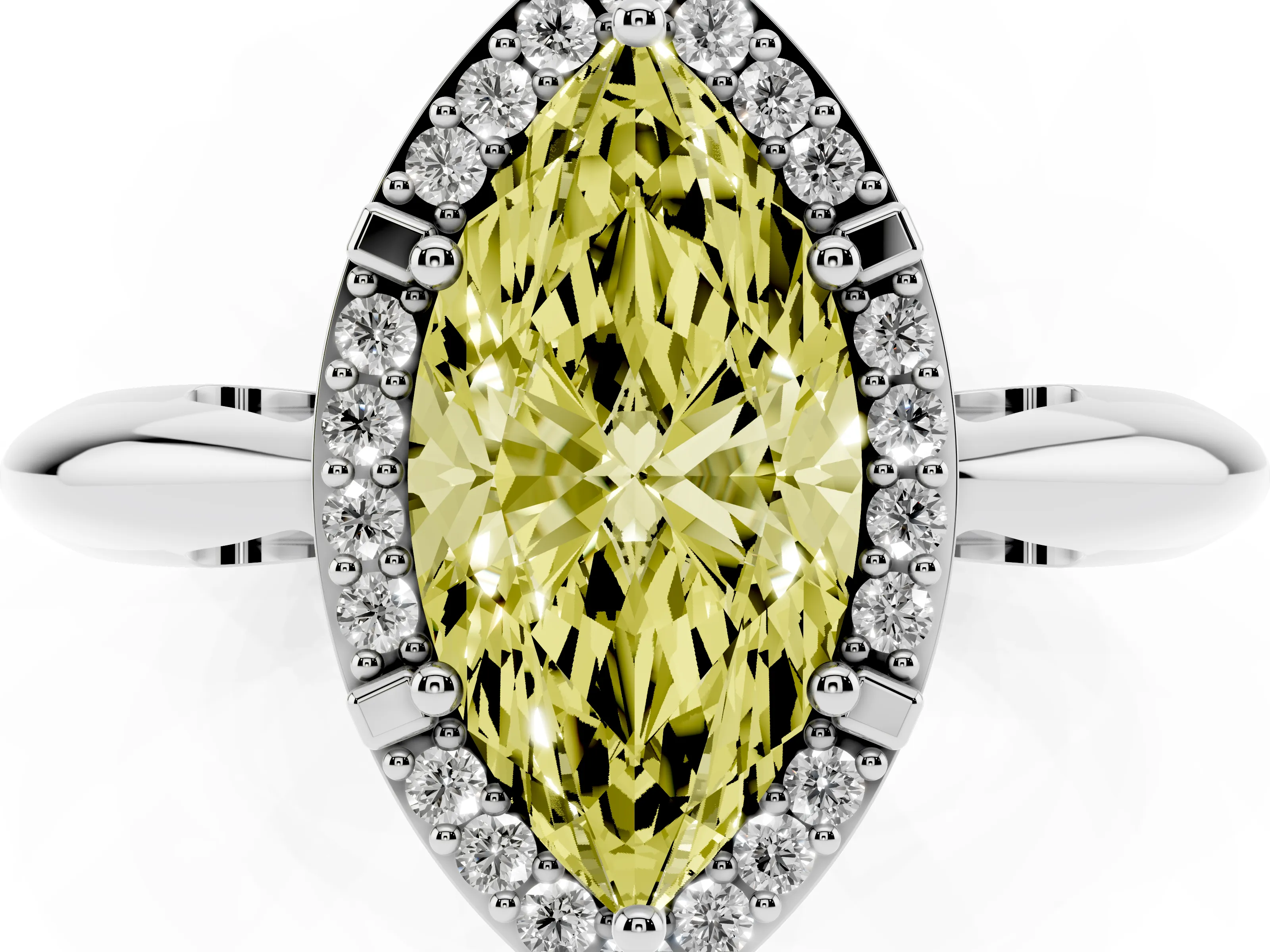 Fancy Yellow Marquise Cut Diamond Halo Engagement Ring Set in Platinum with Plain Split Shank and Prong Setting