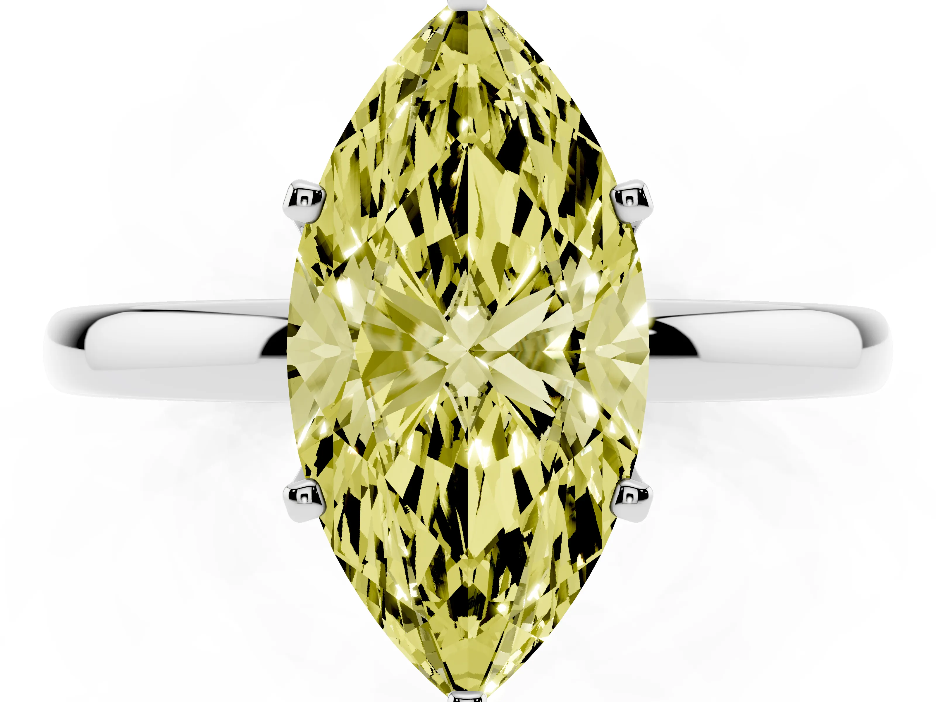 Fancy Yellow Marquise Cut Diamond Solitaire Ring Set in White gold with Raised Prong Setting on a Classic Band