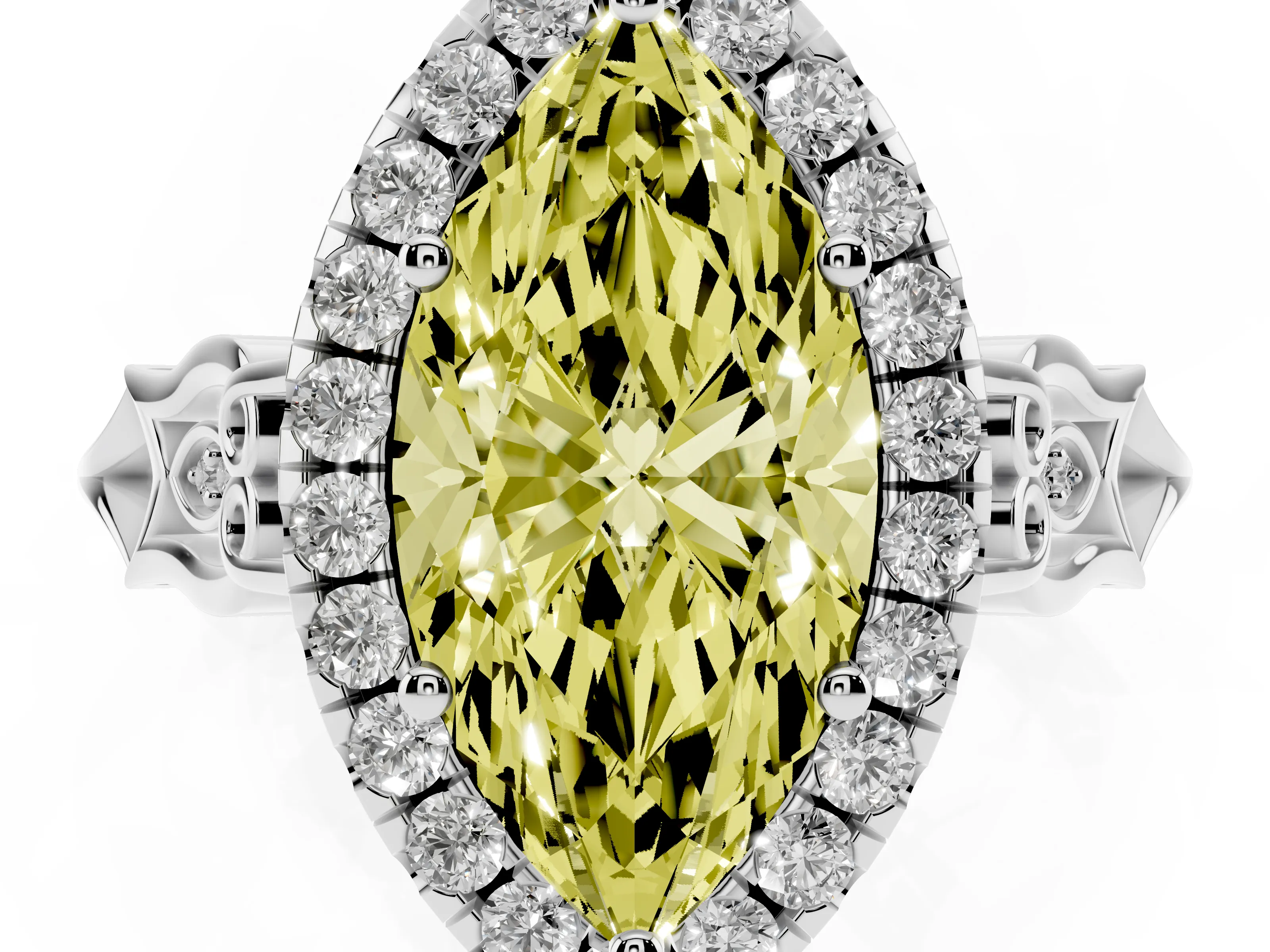 Fancy Yellow Marquise Cut Diamond Halo Engagement Ring Set in White gold with Filigree Band and Prong-Set Center