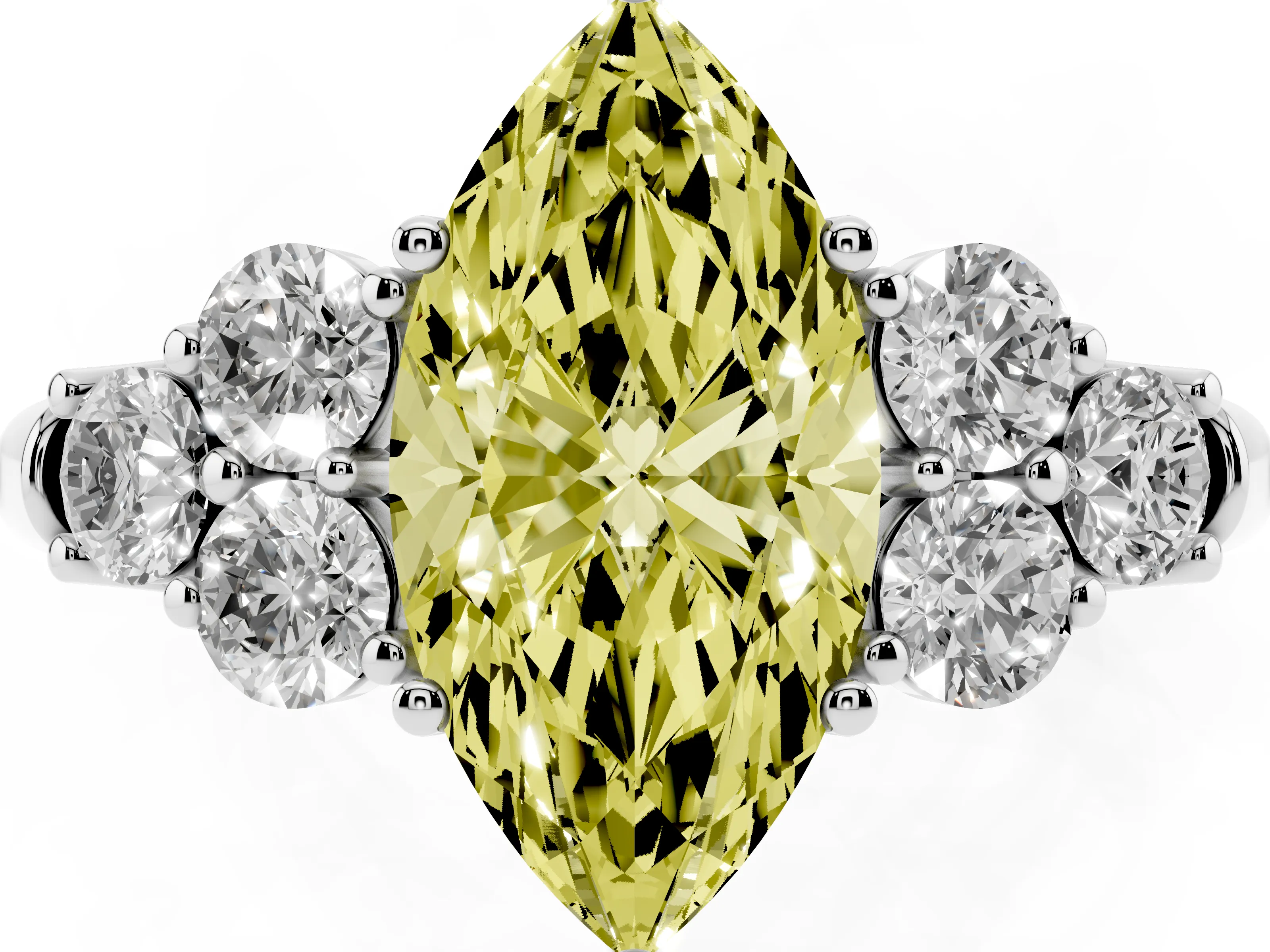Fancy Yellow Marquise Cut Diamond Cluster Ring Set in Platinum with Round Accent Stones and Prong Setting on a Plain Band