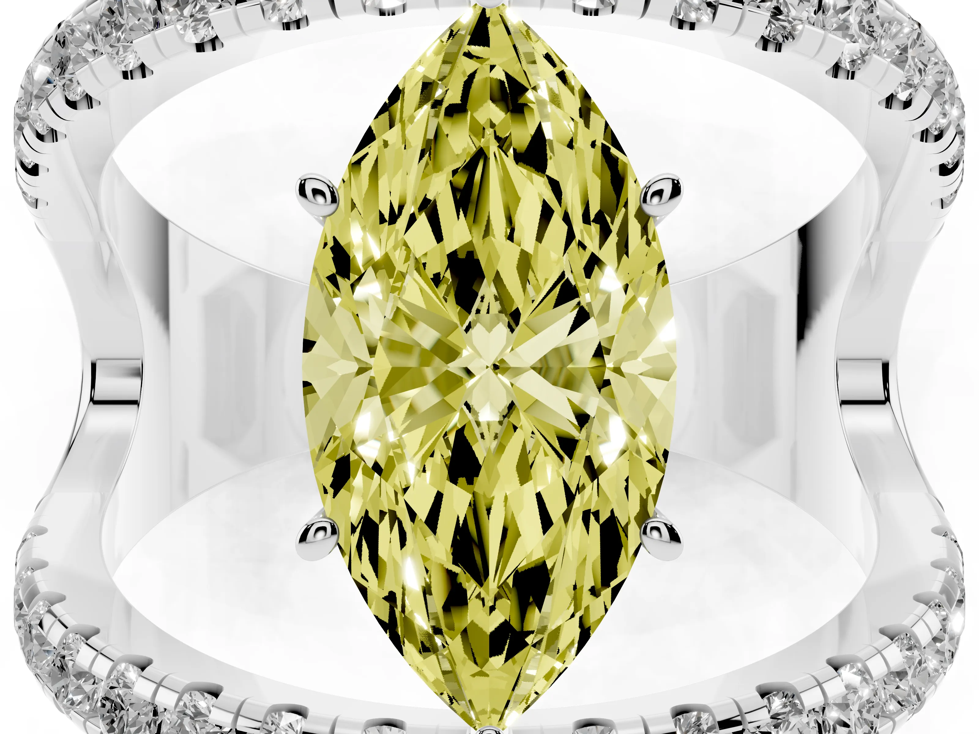Fancy Yellow Marquise Cut Diamond Split Shank Pavé Solitaire Ring Set in Silver with Open Shank Design