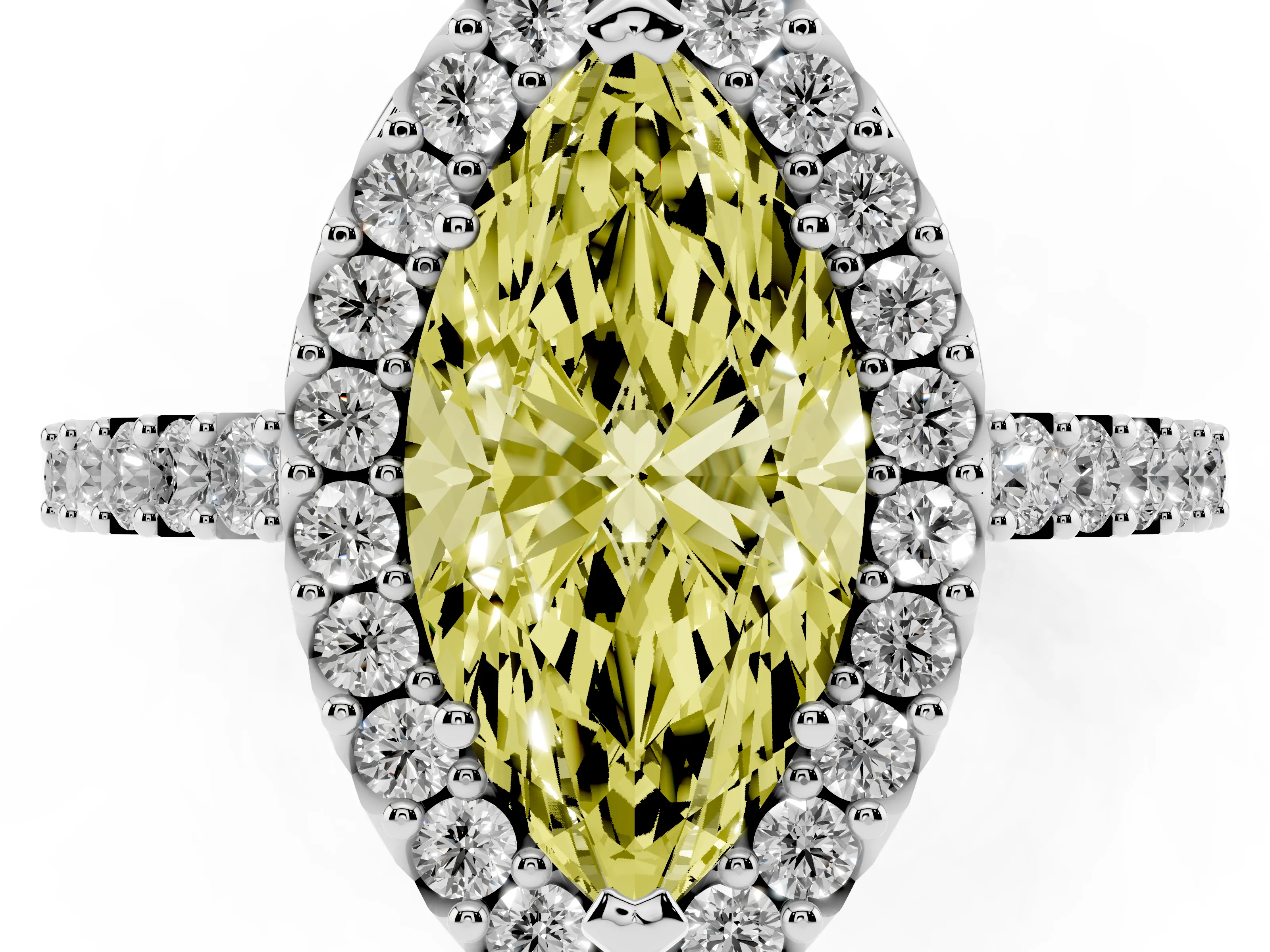 Fancy Yellow Marquise Cut Diamond Halo Pavé Solitaire Ring Set in White gold with Prong-Set Center Stone