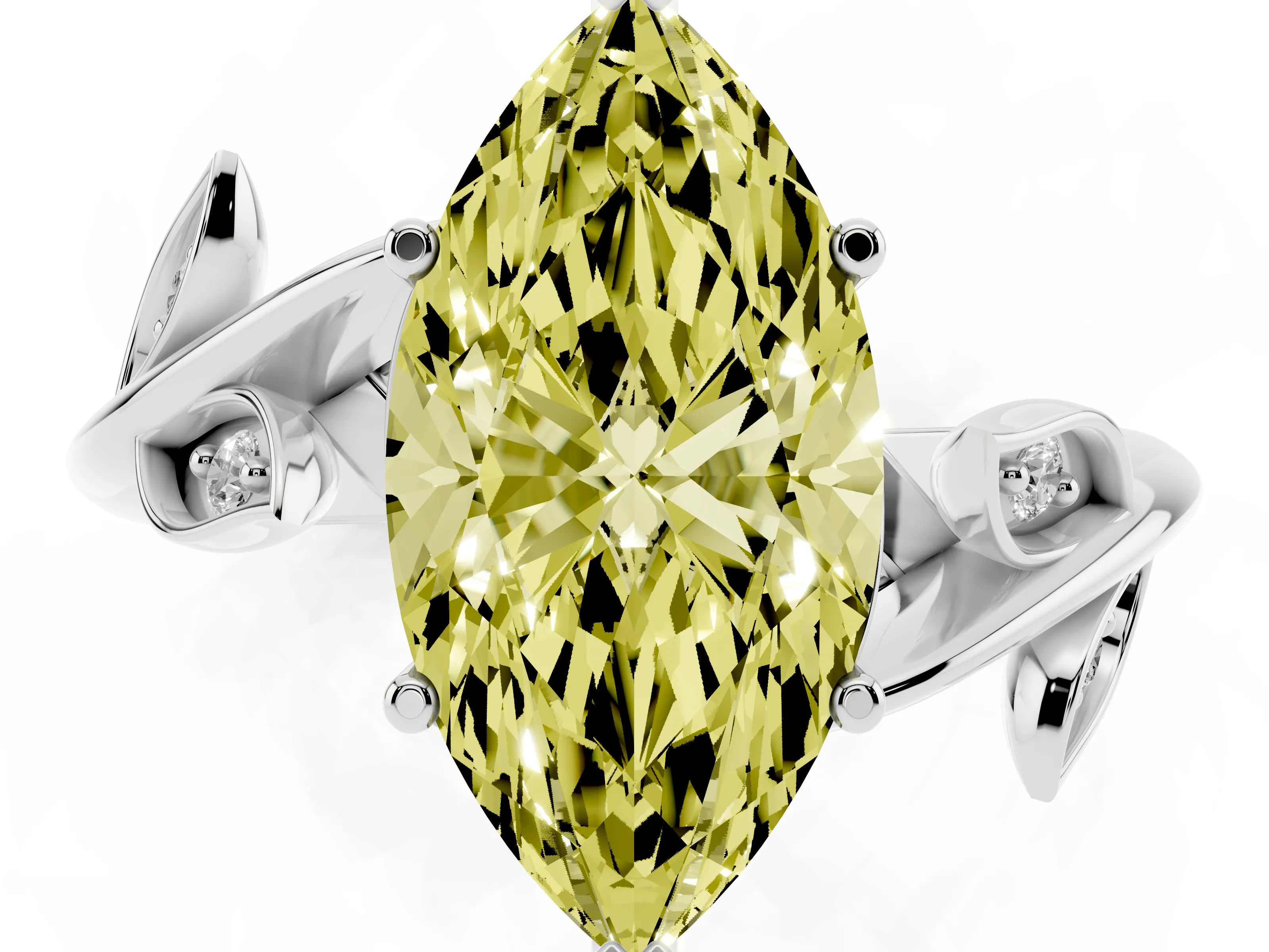 Fancy Yellow Marquise Cut Diamond Solitaire Twist Engagement Ring Set in Silver with Pavé Leaf Accents