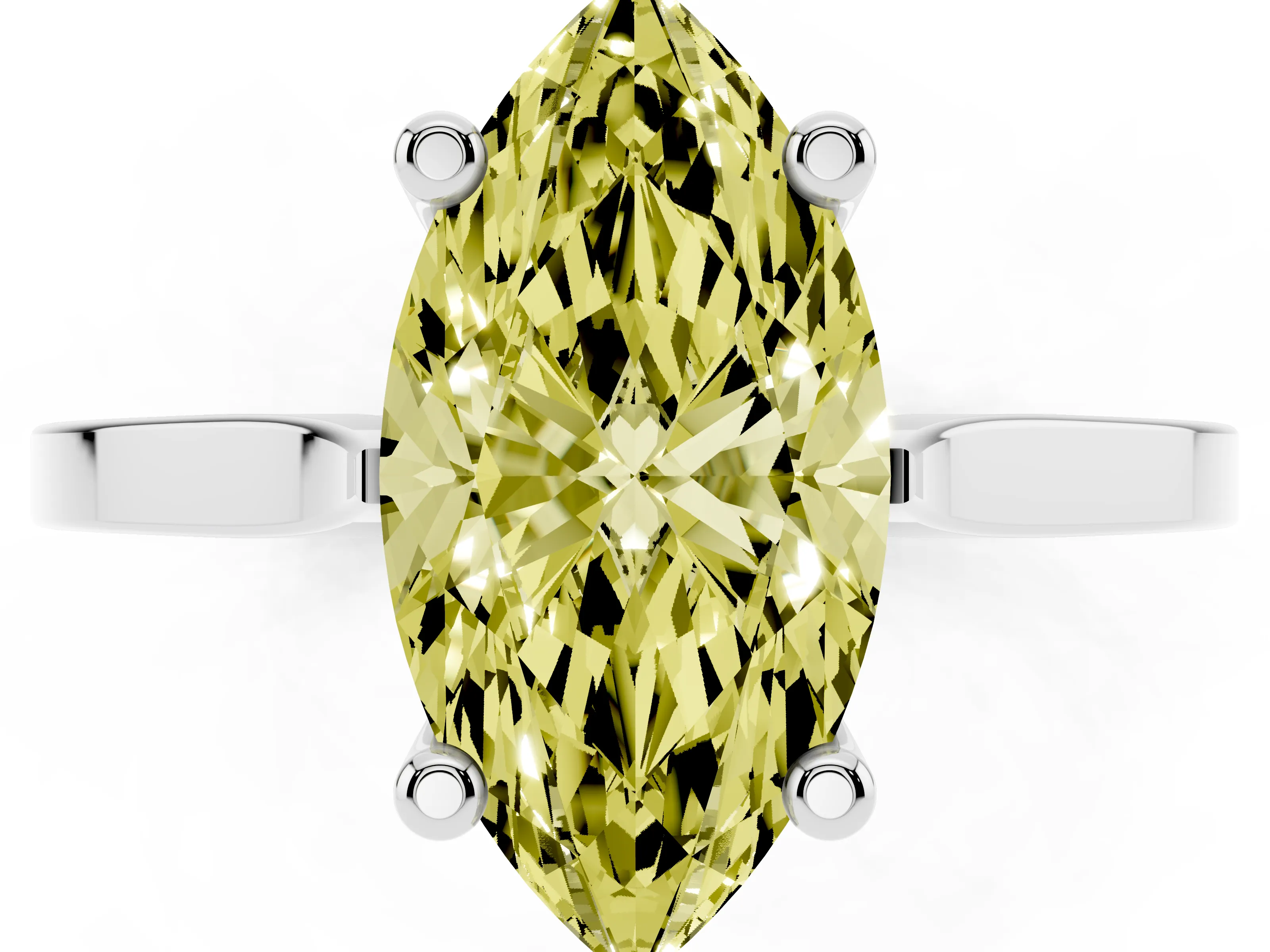 Fancy Yellow Marquise Cut Diamond Solitaire Ring Set in White gold with Prong Setting and Tapered Band