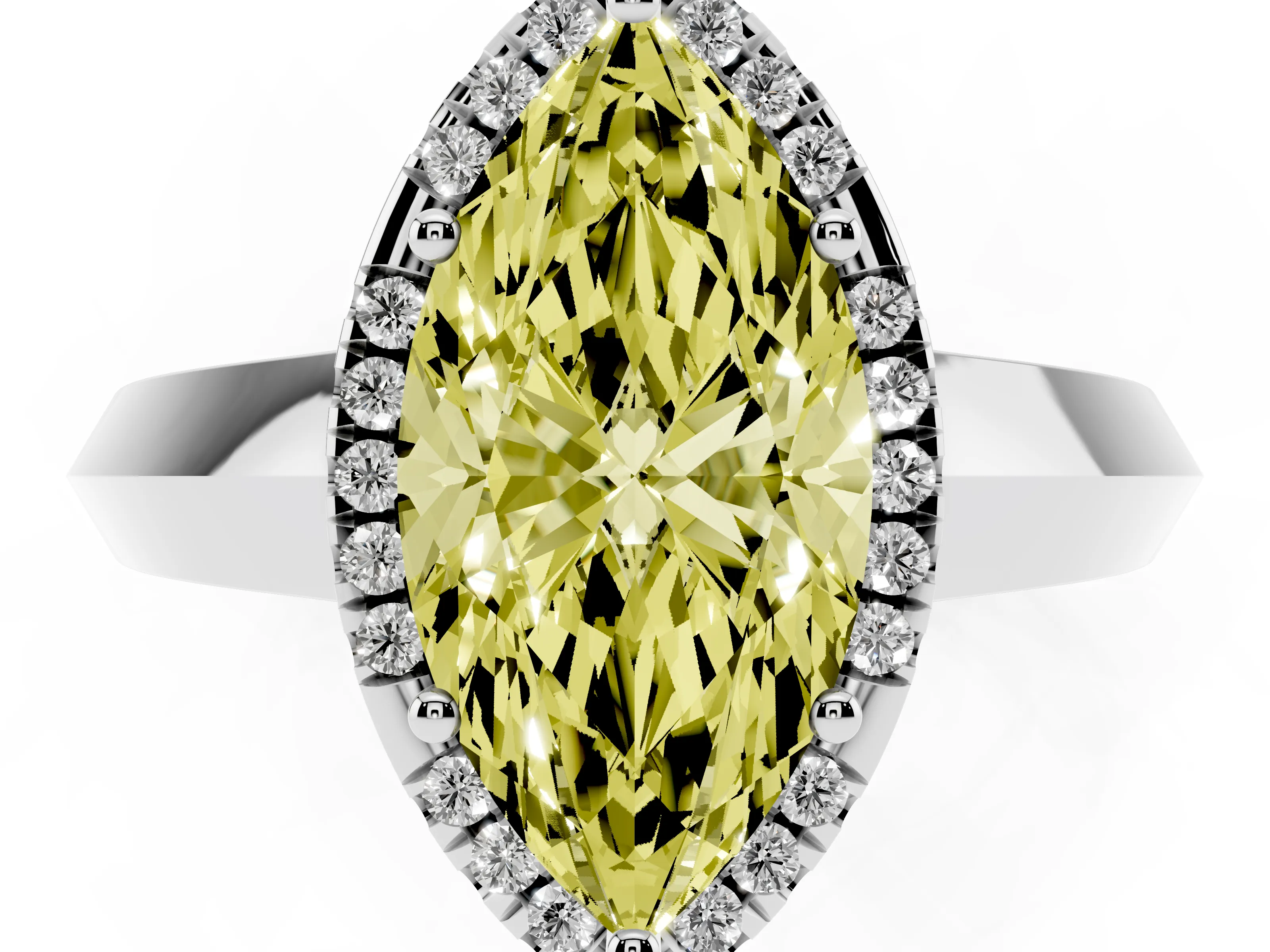 Fancy Yellow Marquise Cut Diamond Halo Ring Set in Platinum with Cathedral Band and Prong Setting