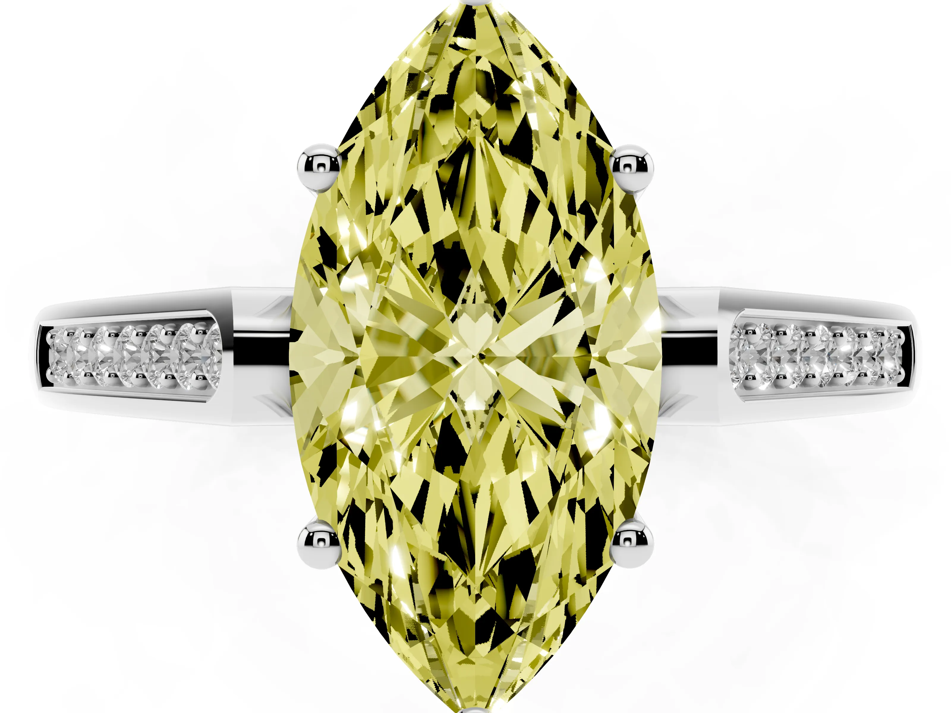 Fancy Yellow Marquise Cut Diamond Solitaire Cathedral Engagement Ring Set in White gold with Channel-Set Band and Prong Setting