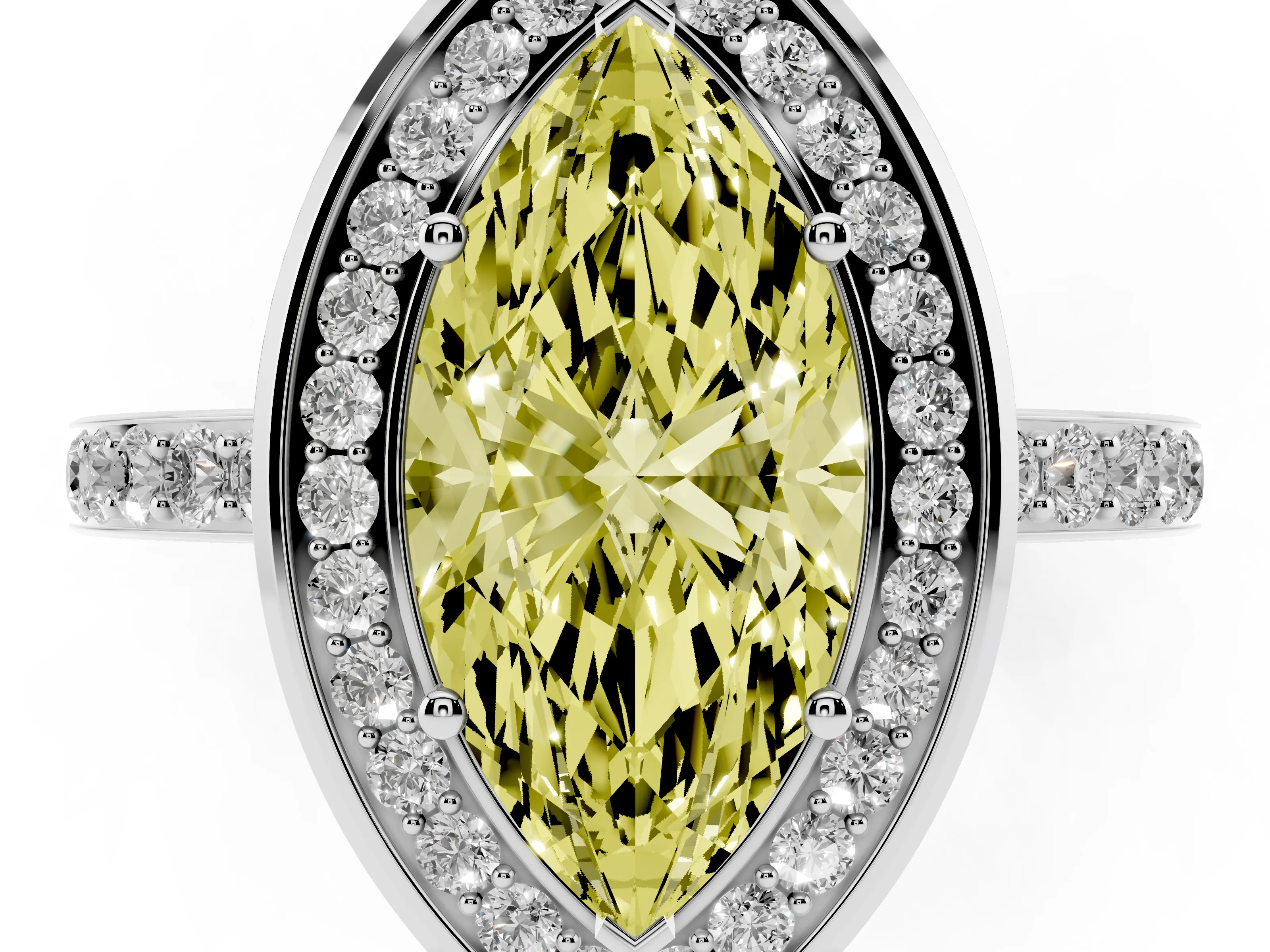 Fancy Yellow Marquise Cut Diamond Halo Ring Set in Silver with Bezel Frame and Pavé Band