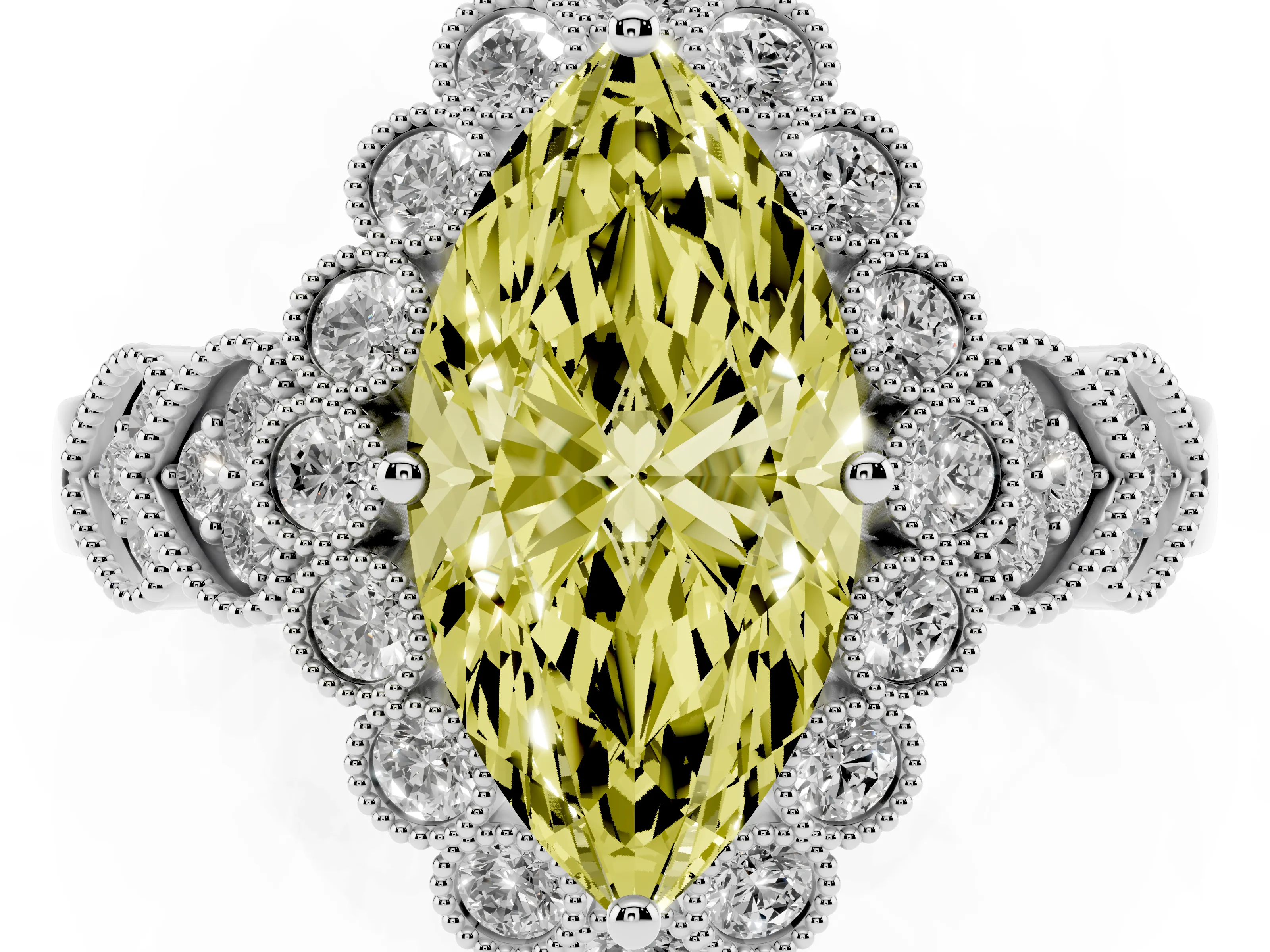 Fancy Yellow Marquise Cut Diamond Solitaire Ring Set in Platinum with Milgrain Pavé Heart Band