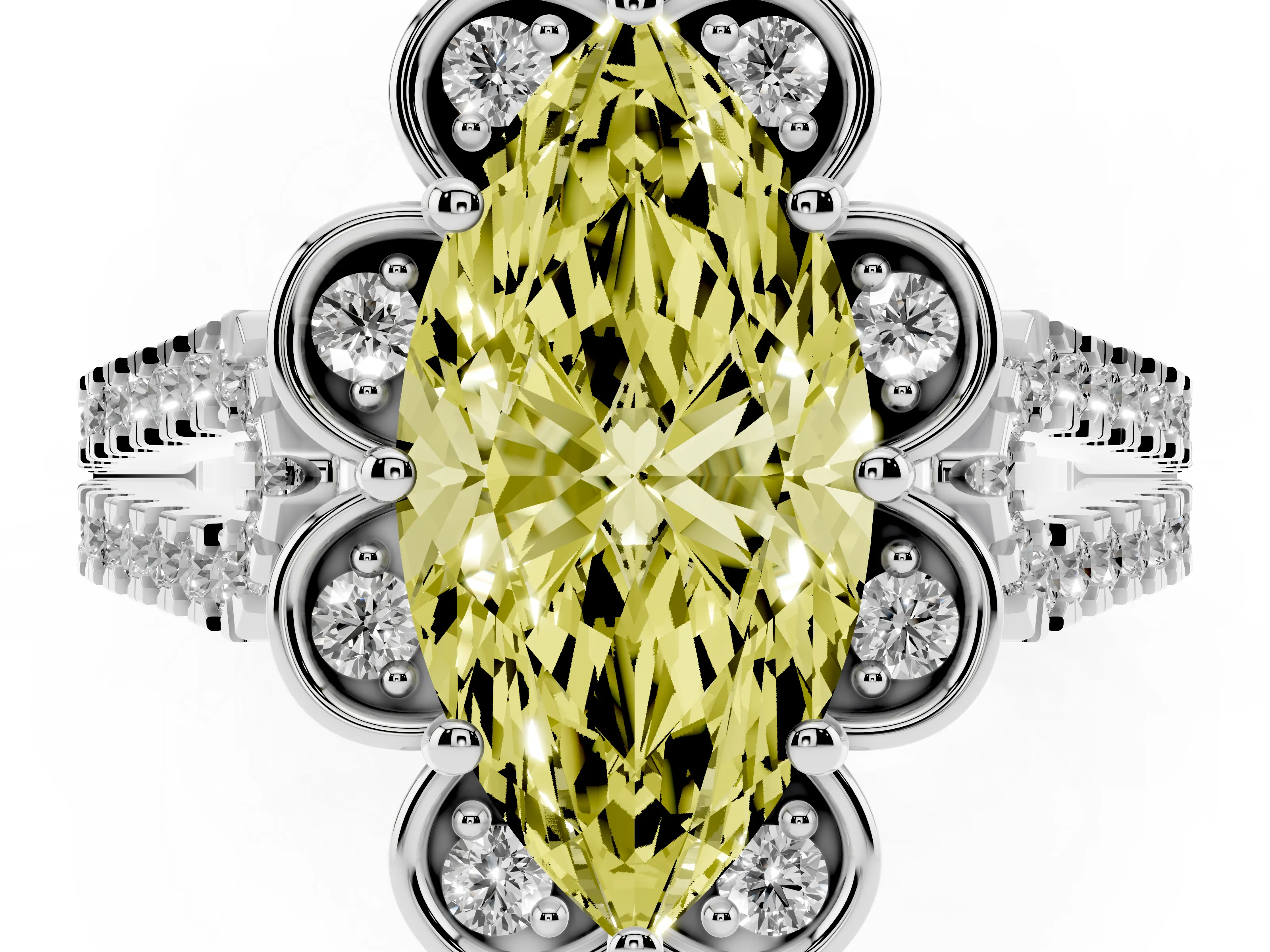 Fancy Yellow Marquise Cut Diamond Floral Halo Split Shank Engagement Ring Set in Silver with Pavé Shank