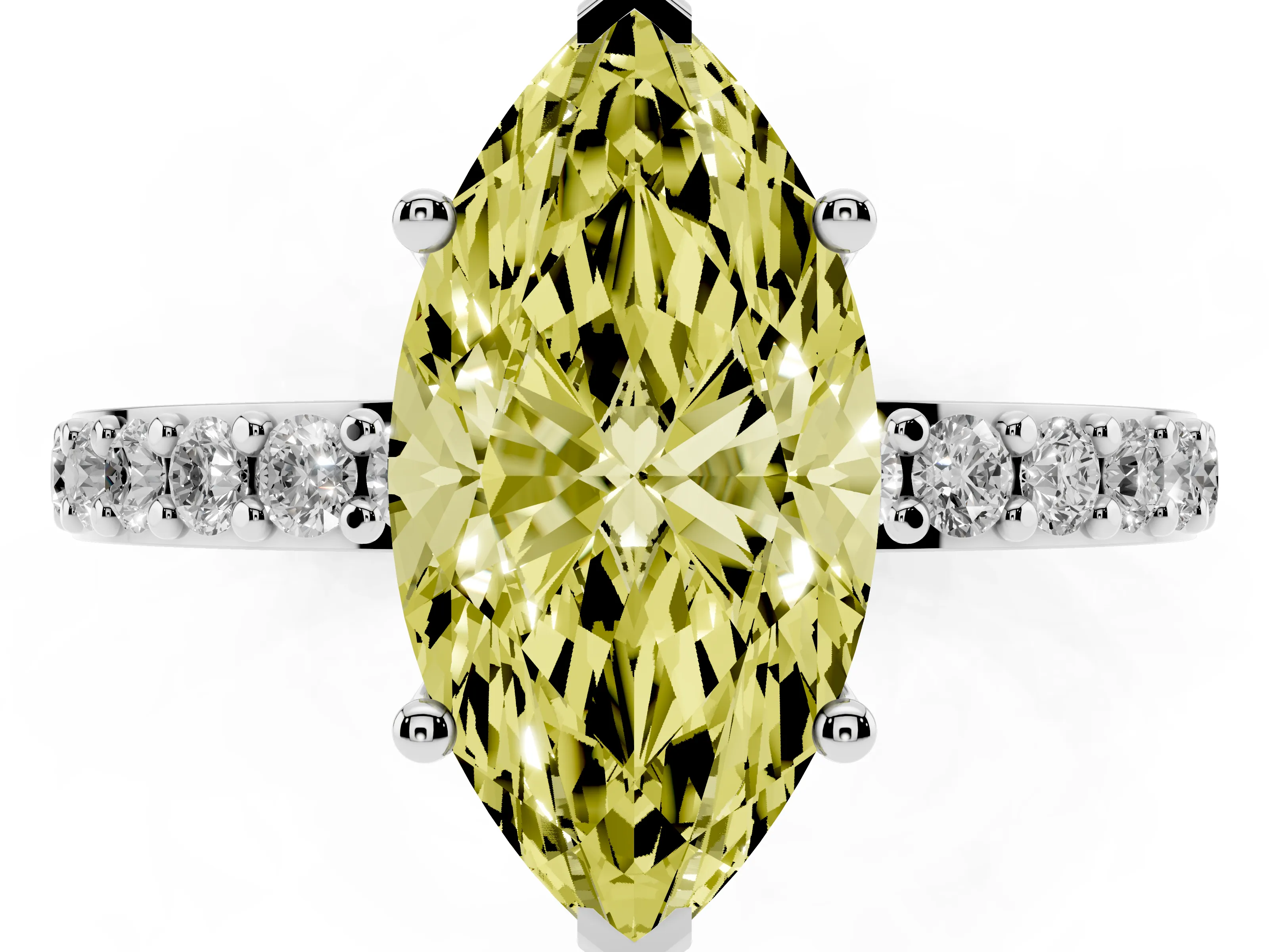 Fancy Yellow Marquise Cut Diamond Solitaire Set in Silver with Round Pavé Band and Prong Setting