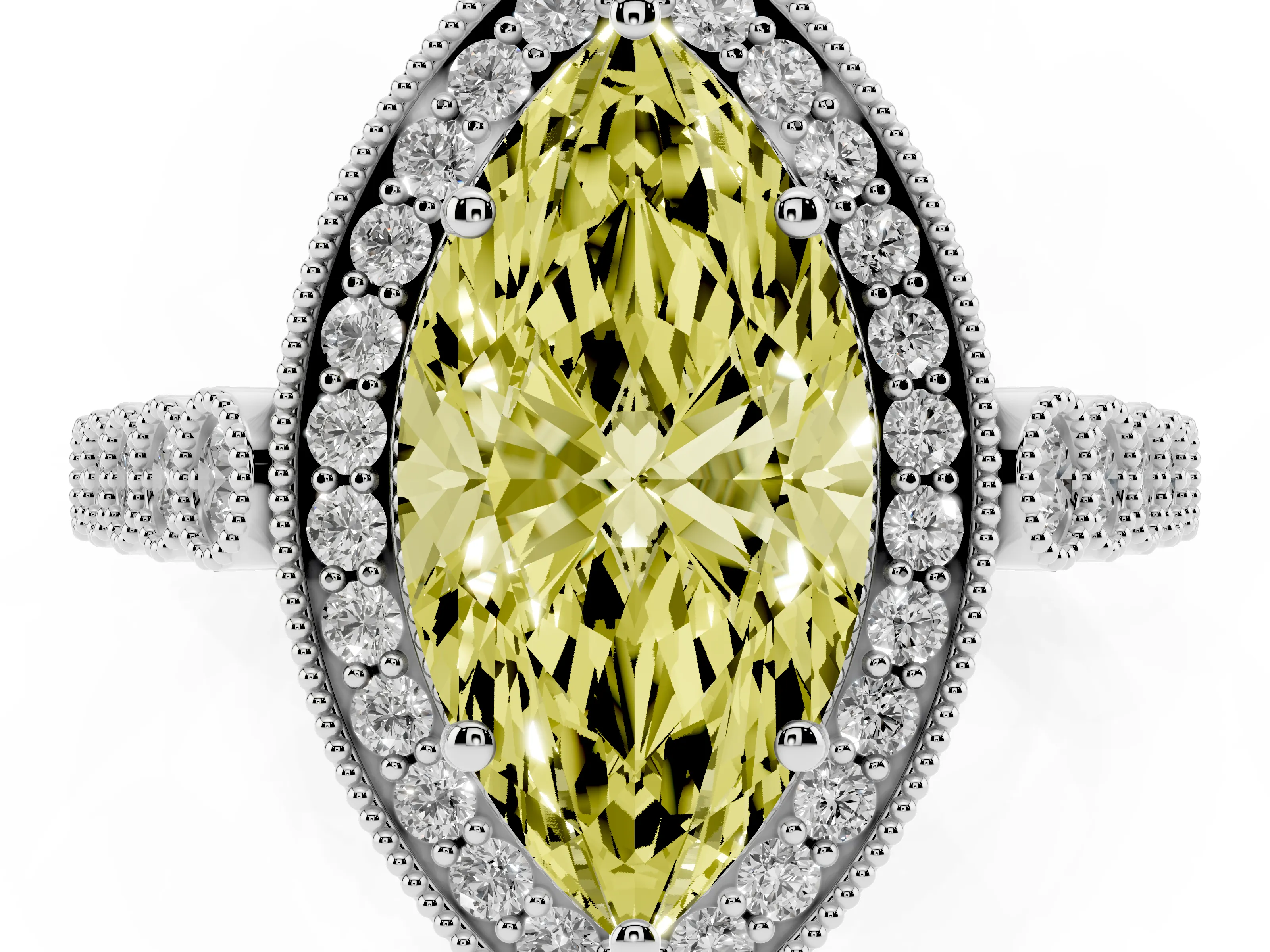 Fancy Yellow Marquise Cut Diamond Milgrain Halo Solitaire Ring Set in White gold with Bezel Set Side Stones and Pavé Band
