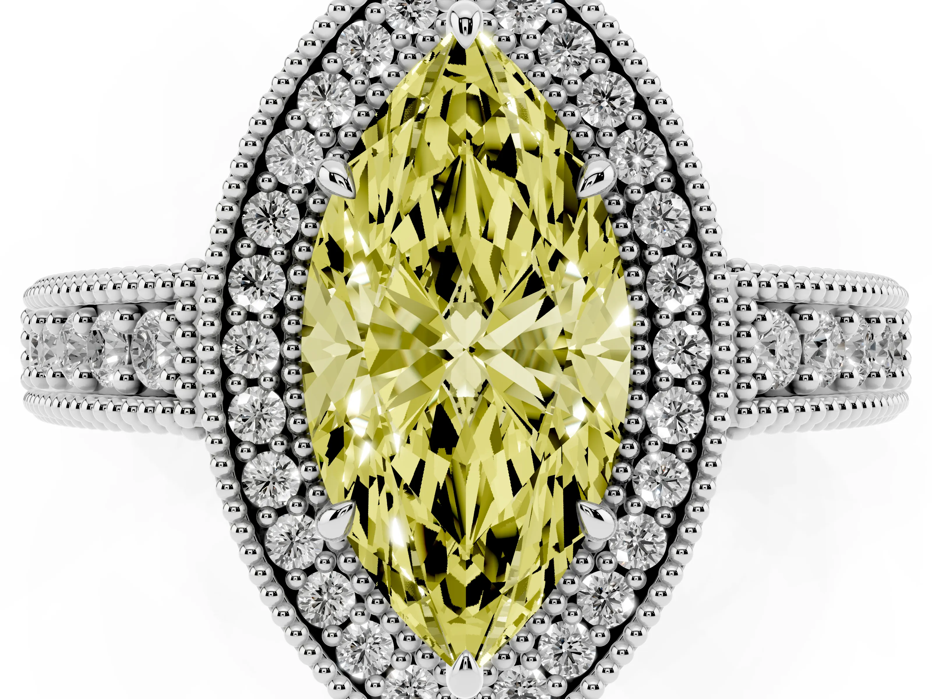 Fancy Yellow Marquise Cut Diamond Halo Ring Set in Silver with Round Accent Halo, Pavé Band and Prong Setting