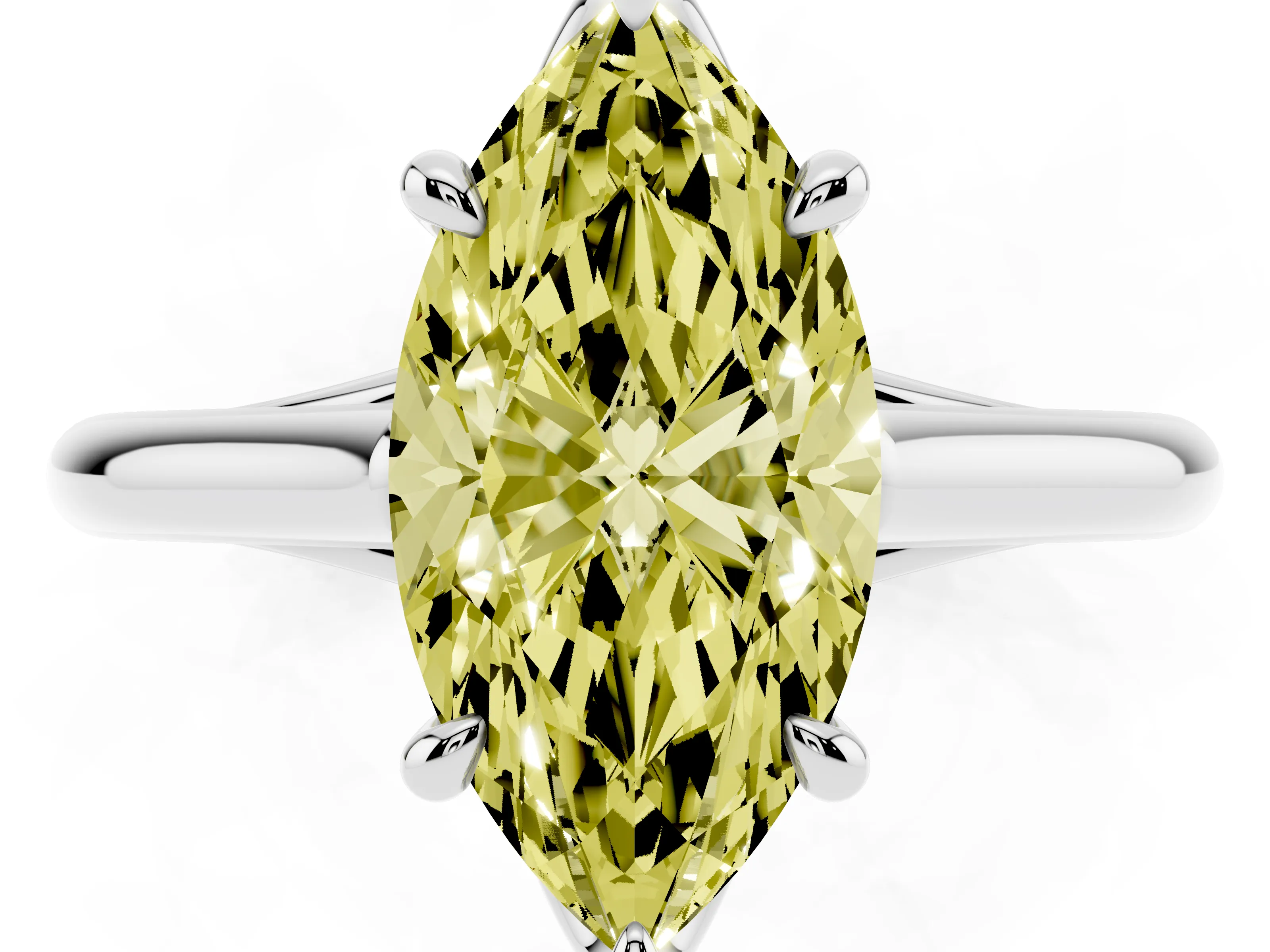 Fancy Yellow Marquise Cut Diamond Solitaire Engagement Ring Set in Platinum with Prong Setting and Plain Classic Band