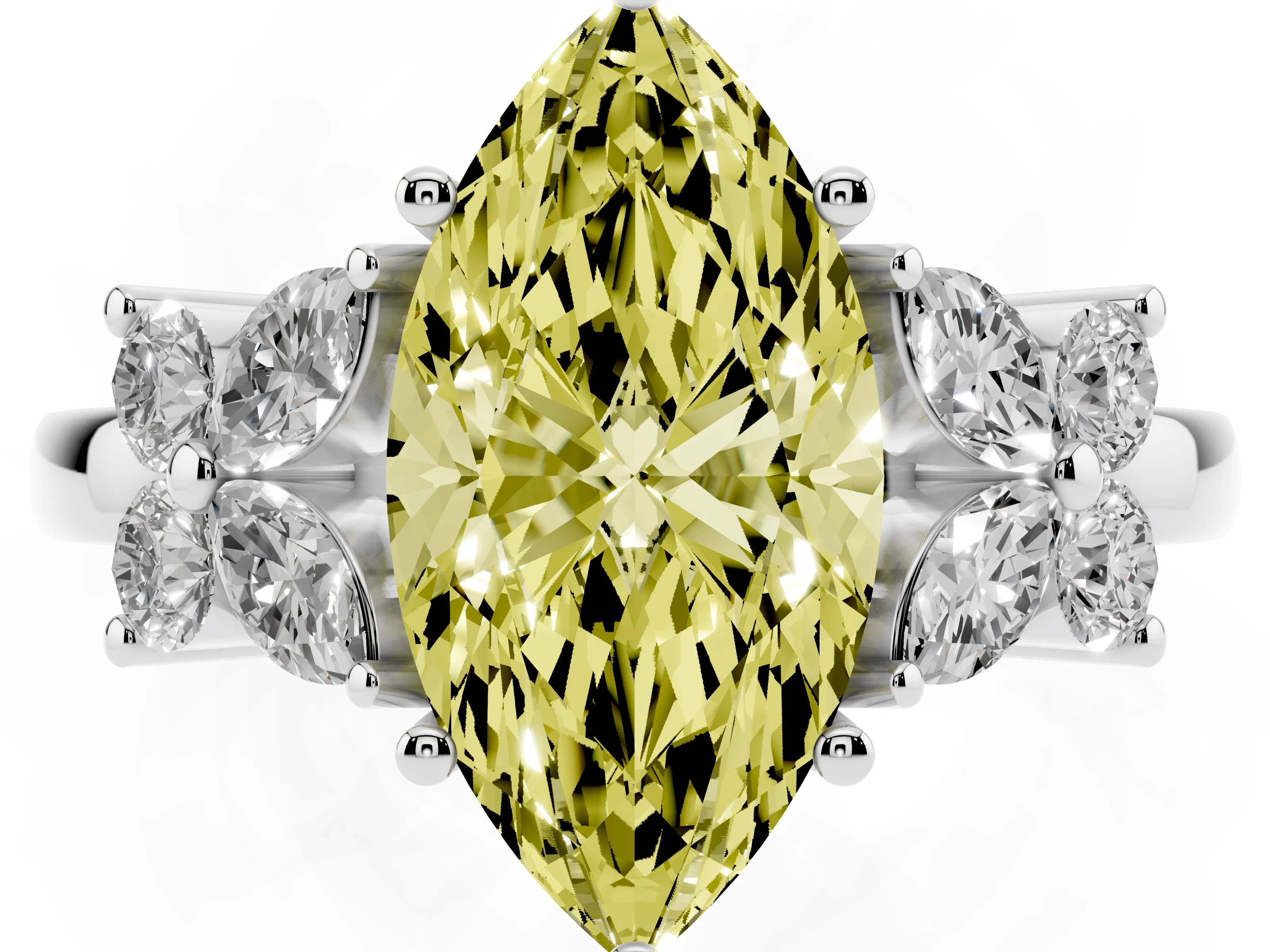 Fancy Yellow Marquise Cut Diamond Floral Cluster Ring Set in Silver with Marquise Petals and Prong Setting