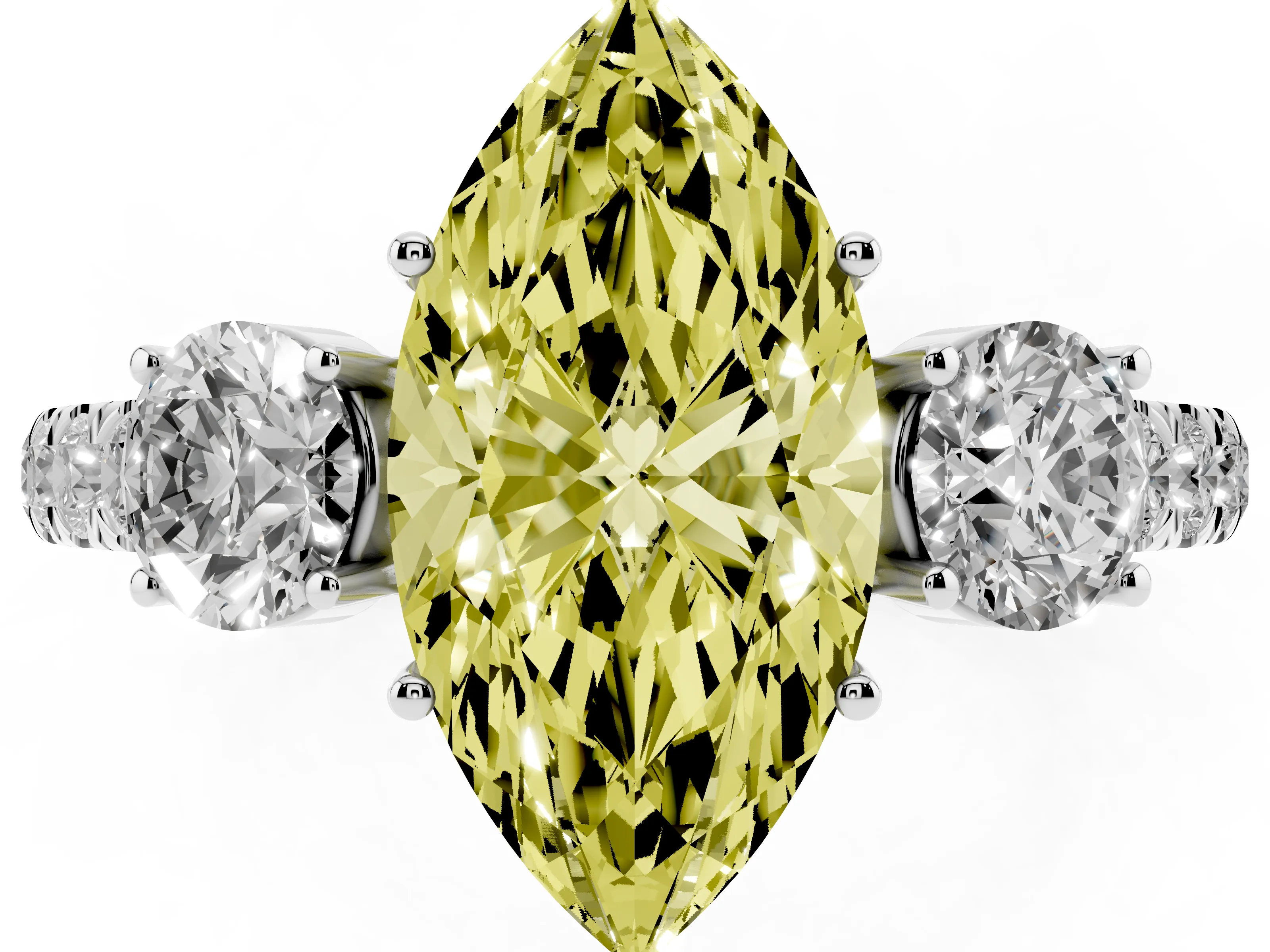 Fancy Yellow Marquise Cut Diamond Three-Stone Ring Set in Silver with Round Side Stones and Delicate Pavé Band