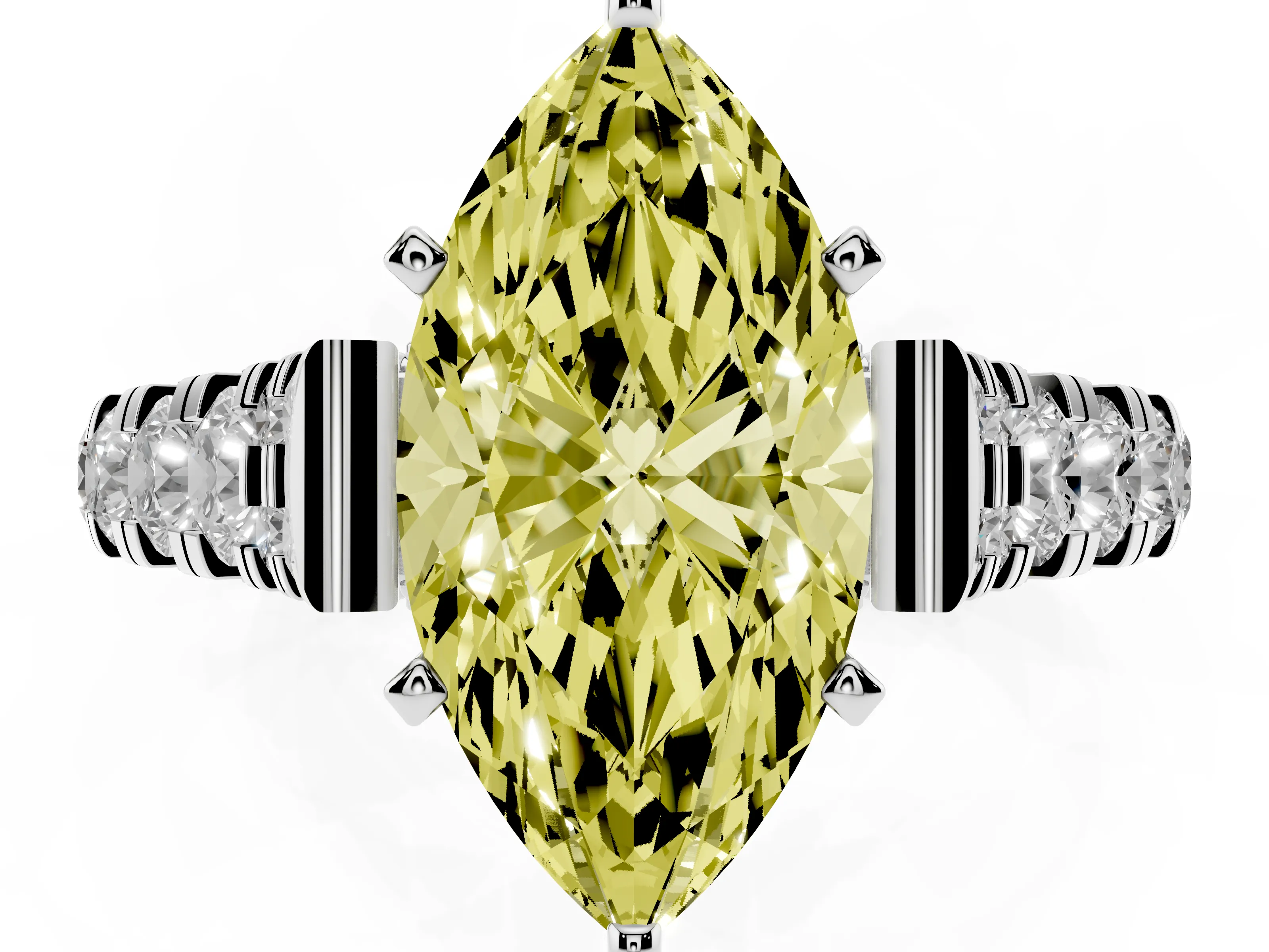 Fancy Yellow Marquise Cut Diamond Classic Solitaire Ring Set in Silver with Pavé Band and Prong Setting