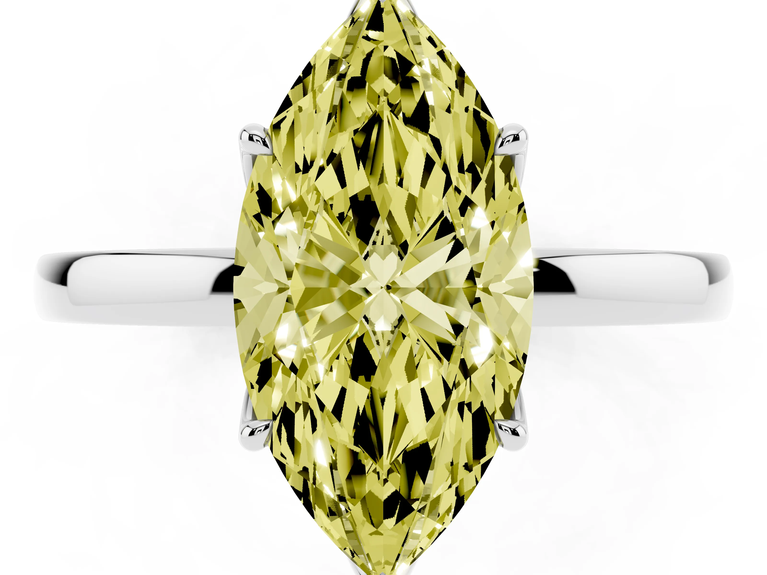 Fancy Yellow Marquise Cut Diamond Solitaire Ring Set in White gold with Prong Setting and Thin Polished Band