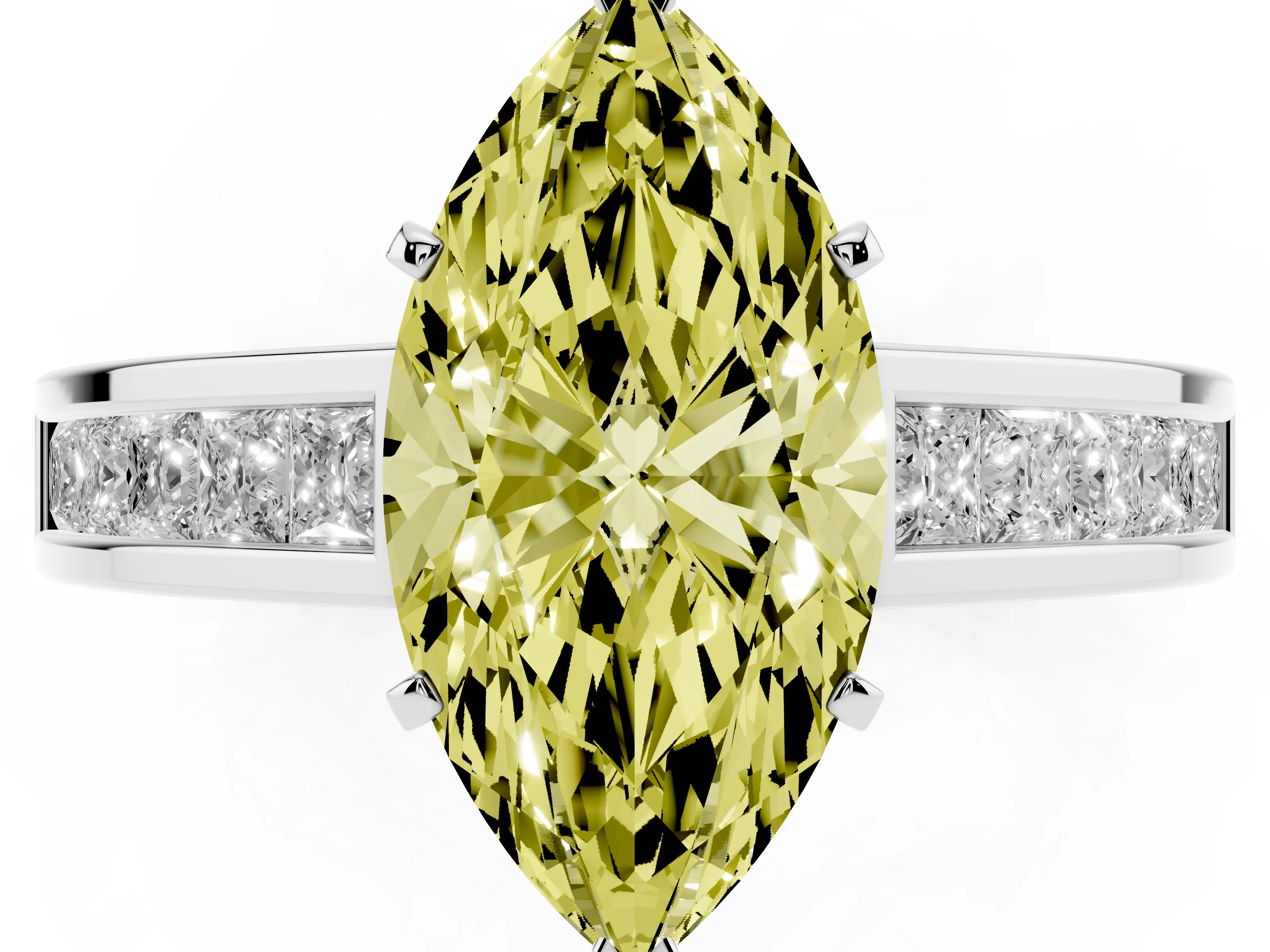 Fancy Yellow Marquise Cut Diamond Solitaire Ring Set in Platinum with Channel-Set Band and Prong Setting