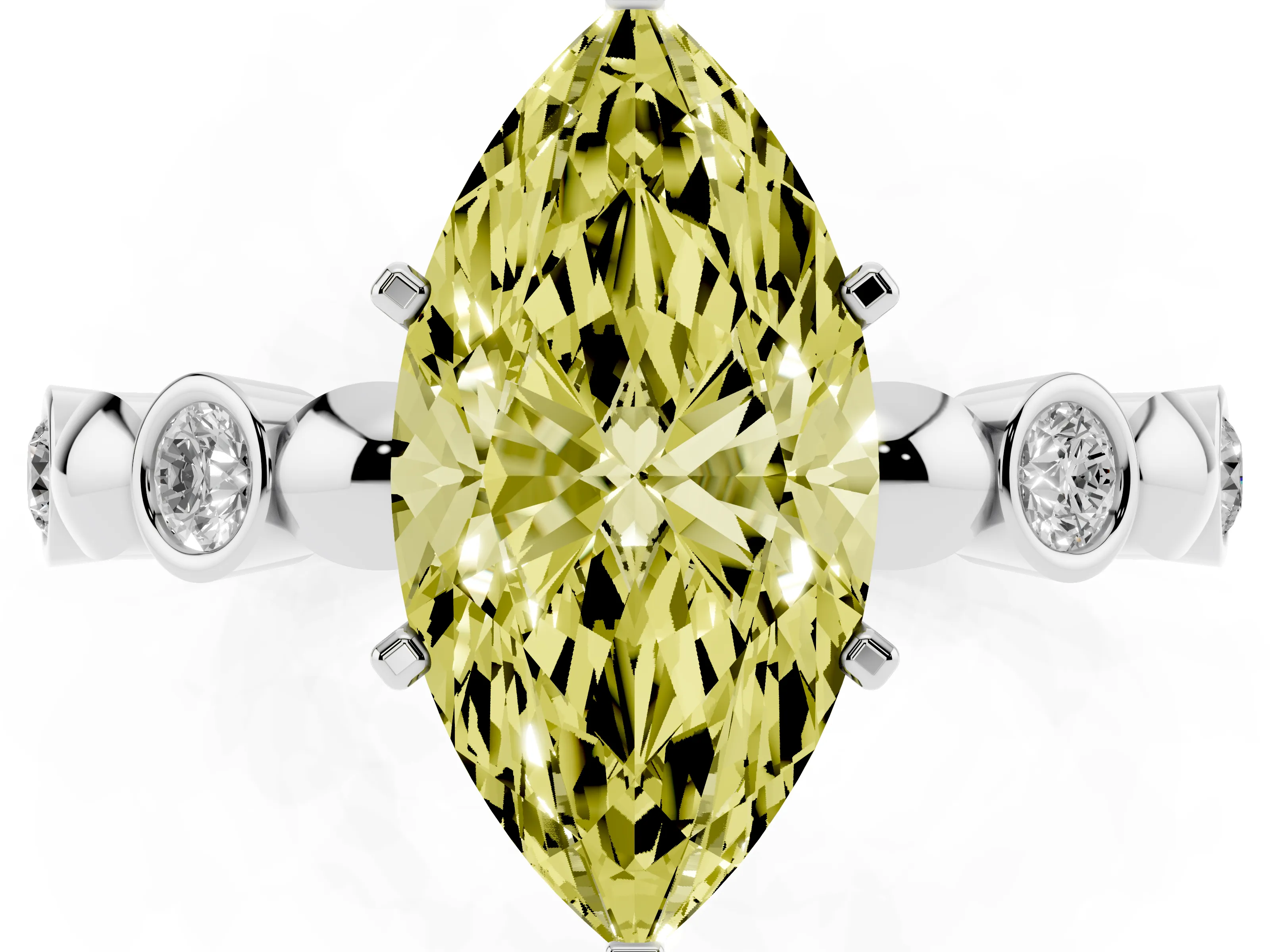 Fancy Yellow Marquise Cut Diamond Solitaire Ring Set in Platinum with Bezel-Set Accents on Beaded Band and Prong Setting