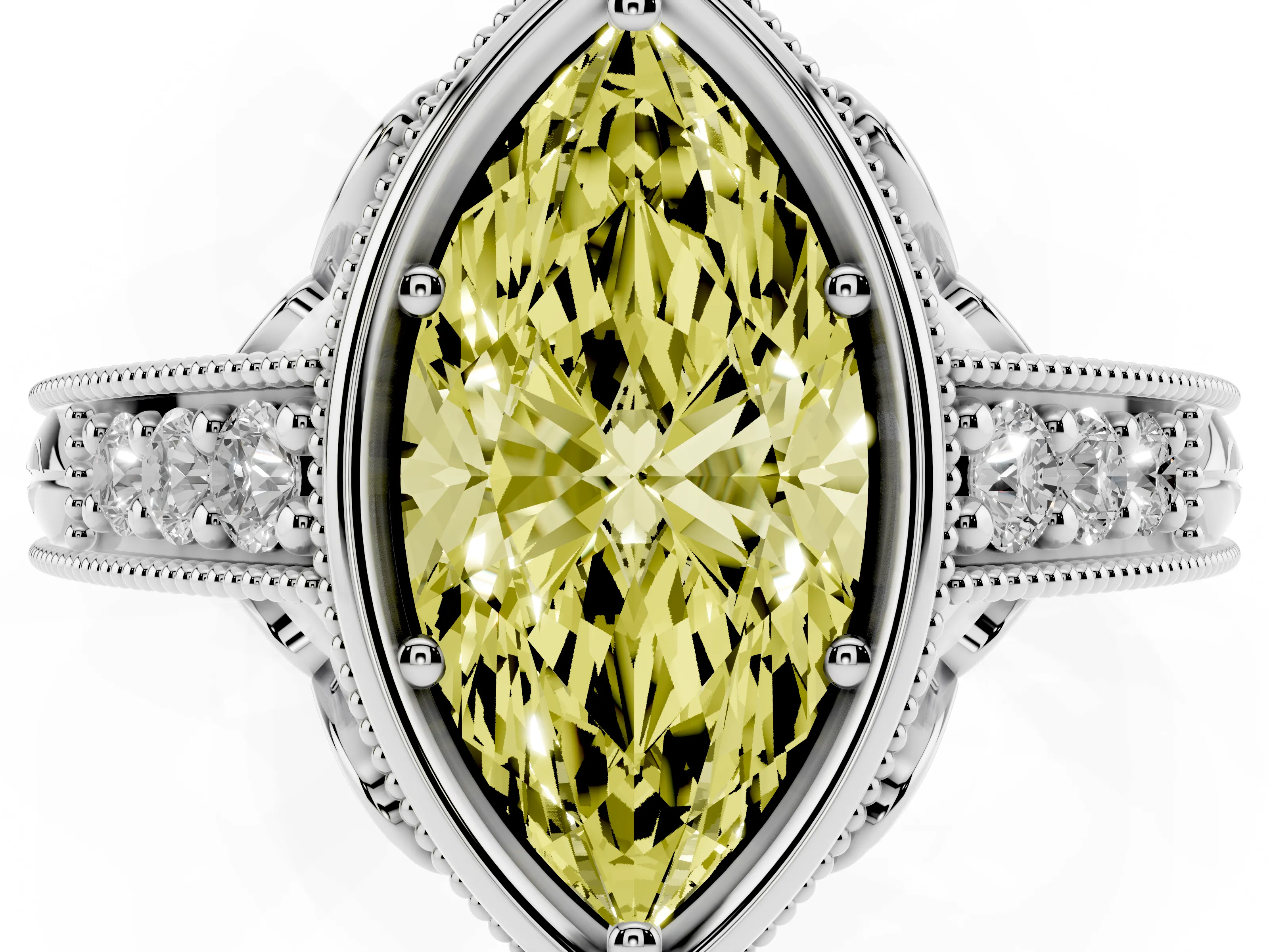 Fancy Yellow Bezel Set Marquise Cut Diamond Milgrain Pavé Engagement Ring Set in White gold