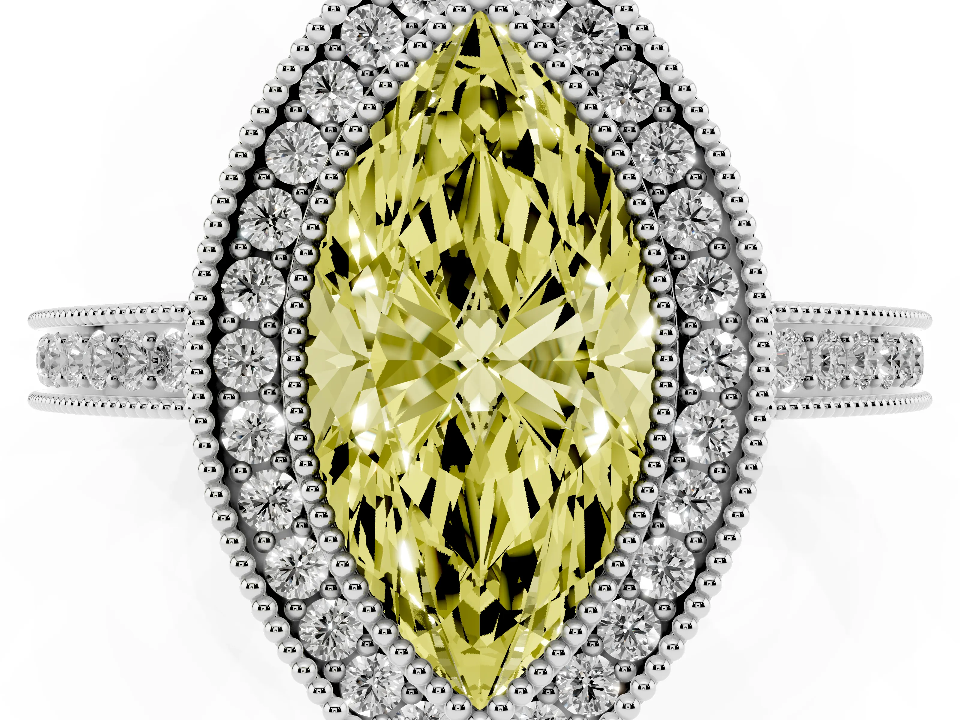 Fancy Yellow Marquise Cut Diamond Halo Ring Set in White gold with Pavé Band and Milgrain-Edged Prongs