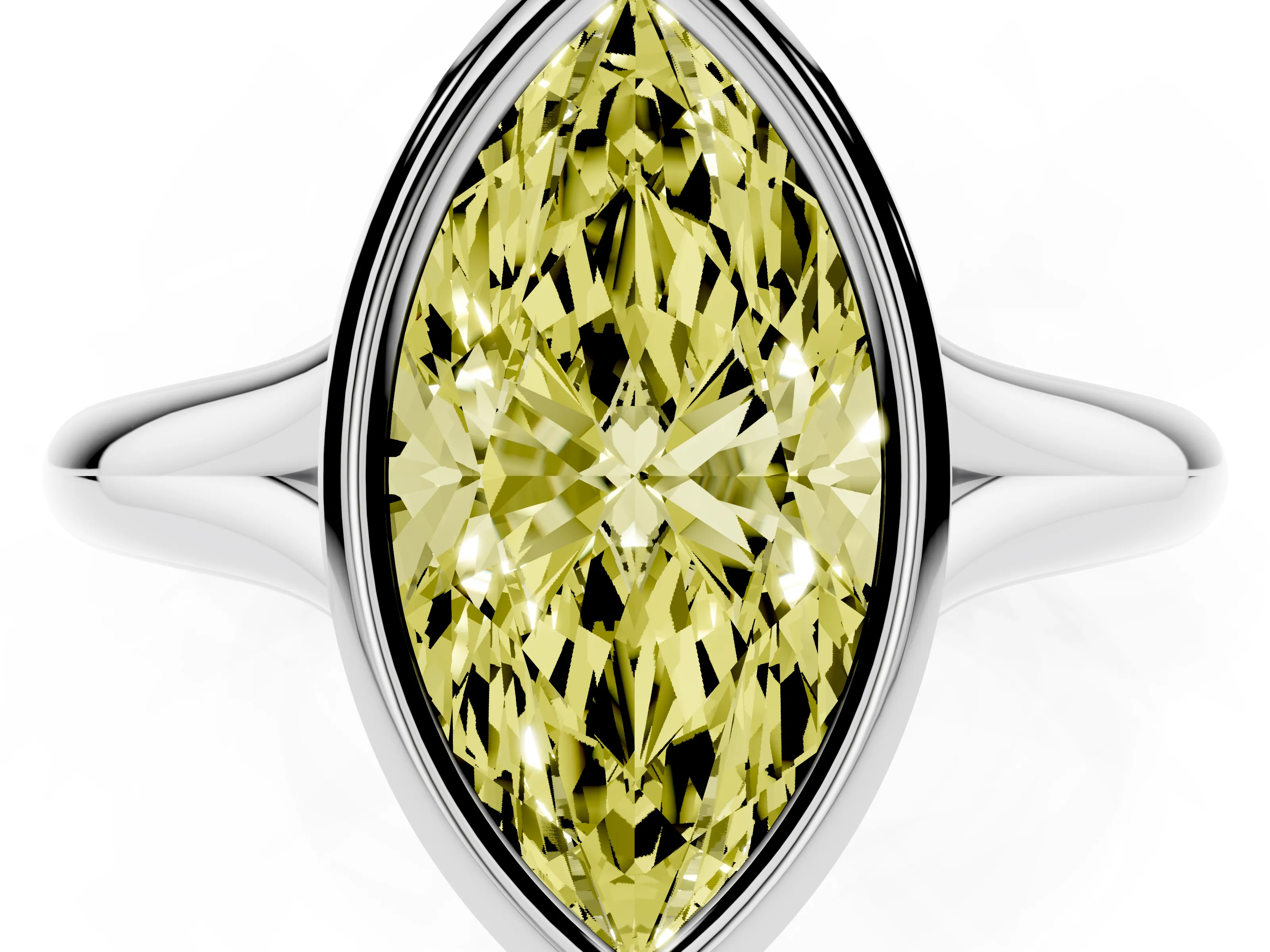 Fancy Yellow Bezel Set Marquise Cut Diamond Solitaire Ring Set in Silver with Smooth Band